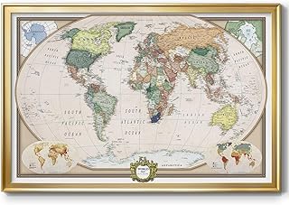 Renditions Gallery Colorful World Map Canvas Wall Art with Gold Frame Wa...