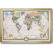 Renditions Gallery Colorful World Map Canvas Wall Art with Gold Frame Wall Hanging Travel Map with Push Pins for Home, Office, Classroom