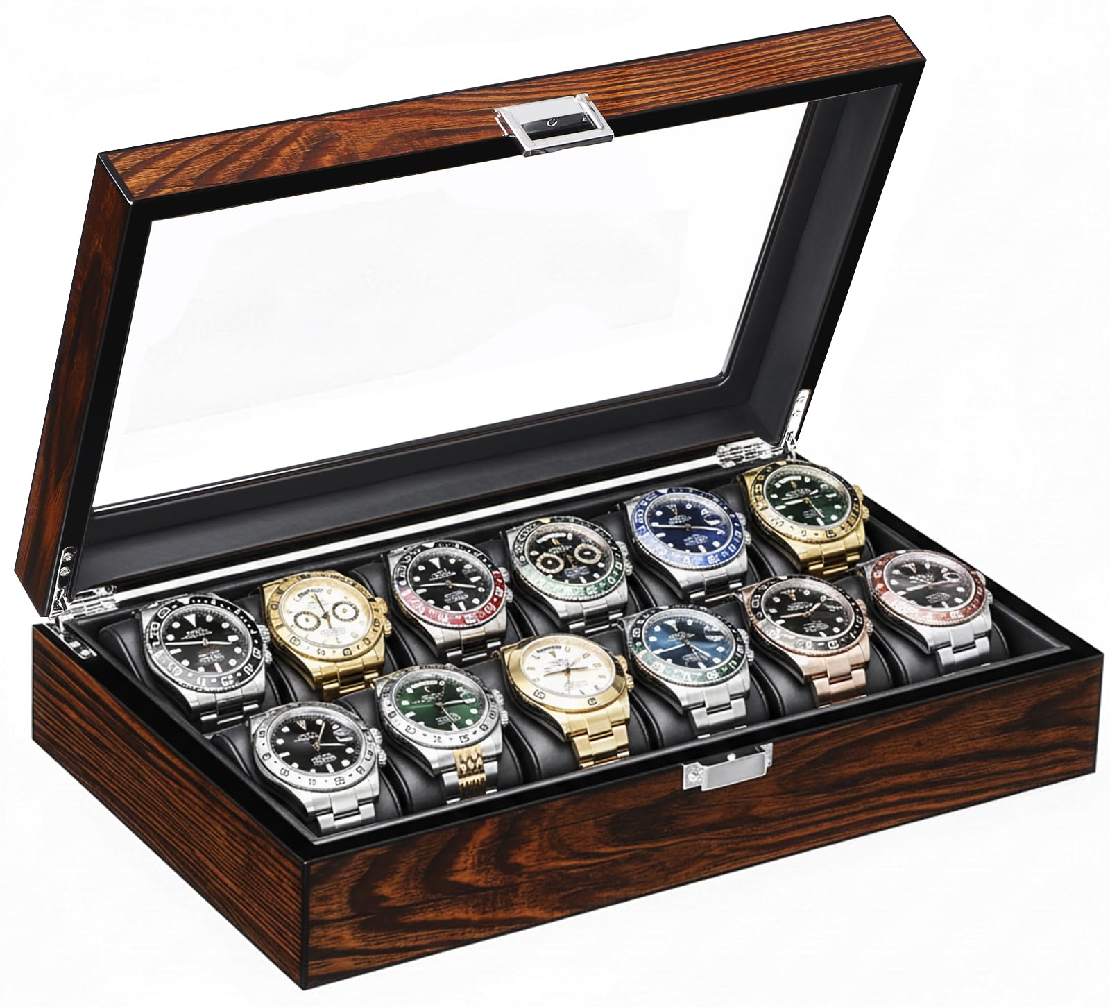 BEWISHOME Watch Case, 12-Slot Watch Box with Large Glass Lid, Wooden Watch Box Organizer for Men, Watch Storage with Removable Watch Pillows, Synthetic Leather Interior, Brown SSH12Y