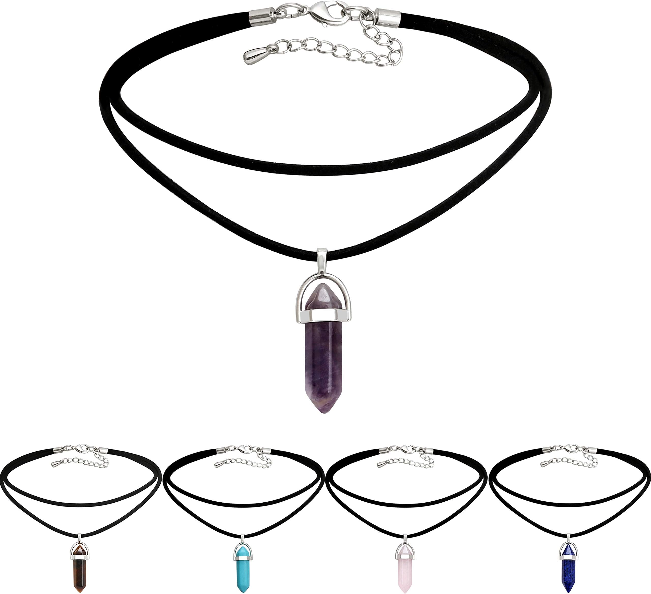 Aobei Pearl Amethyst Gemstone Choker Necklaces 5PCS Hexagonal Pointed Reiki Chakra Pendant Necklaces for Women Boho Crystal Healing Stone Jewelry