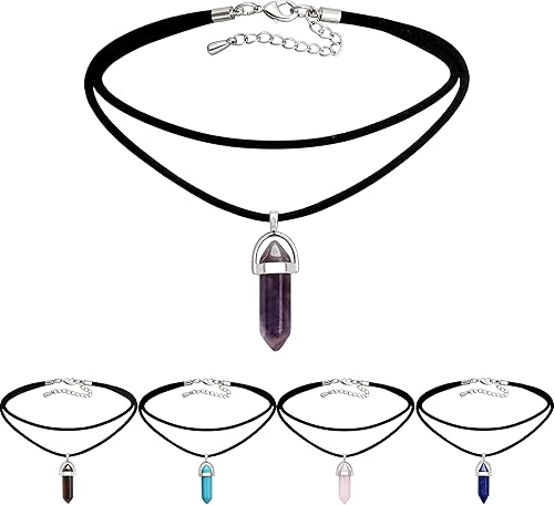 Aobei Pearl Gargantilla de piedras preciosas de amatista, 5 piezas hexagonales con dije de chakra de Reiki puntiagudo para mujer, joyería de piedra