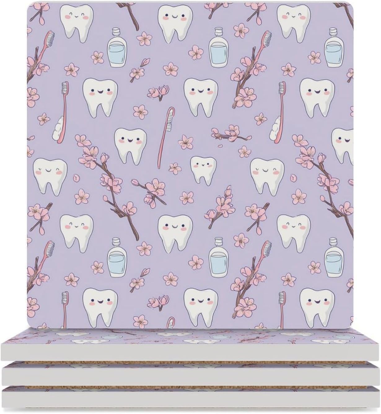 Cute Teeth Dental Care Coaster for Drinks Square Ceramic Table Coasters Stone Mat Crafts 6PCS Home Kitchen Decor