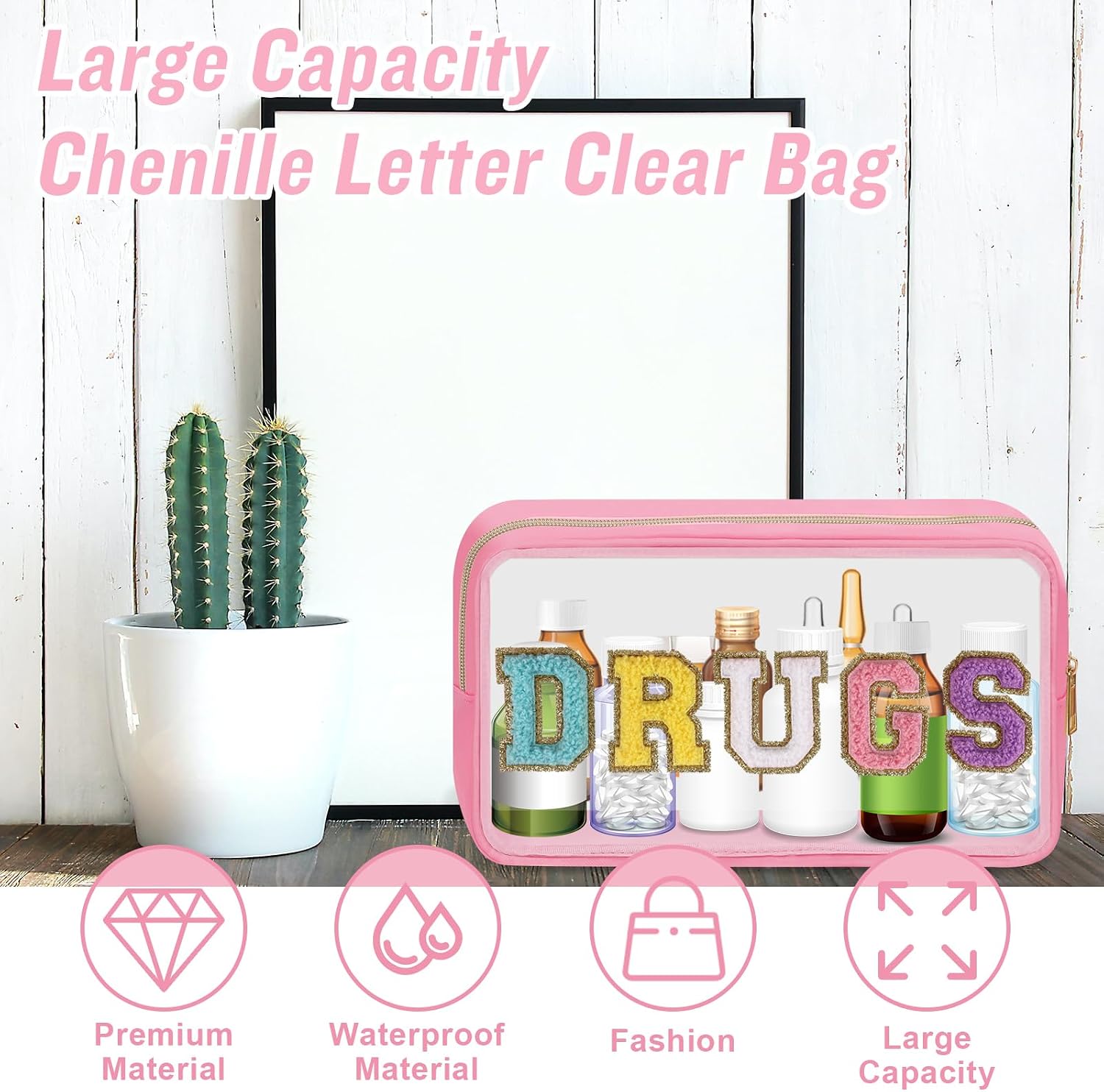 Clear Letter Patch Medicine Bag Drugs Pouch with Zipper, Travel Portable Cosmetic Makeup Bag for Women Girls, Waterproof Nylon PVC Toiletry Meds Storage Case Chenille Letter Stadium Bag(Pink, DRUGS) image 4