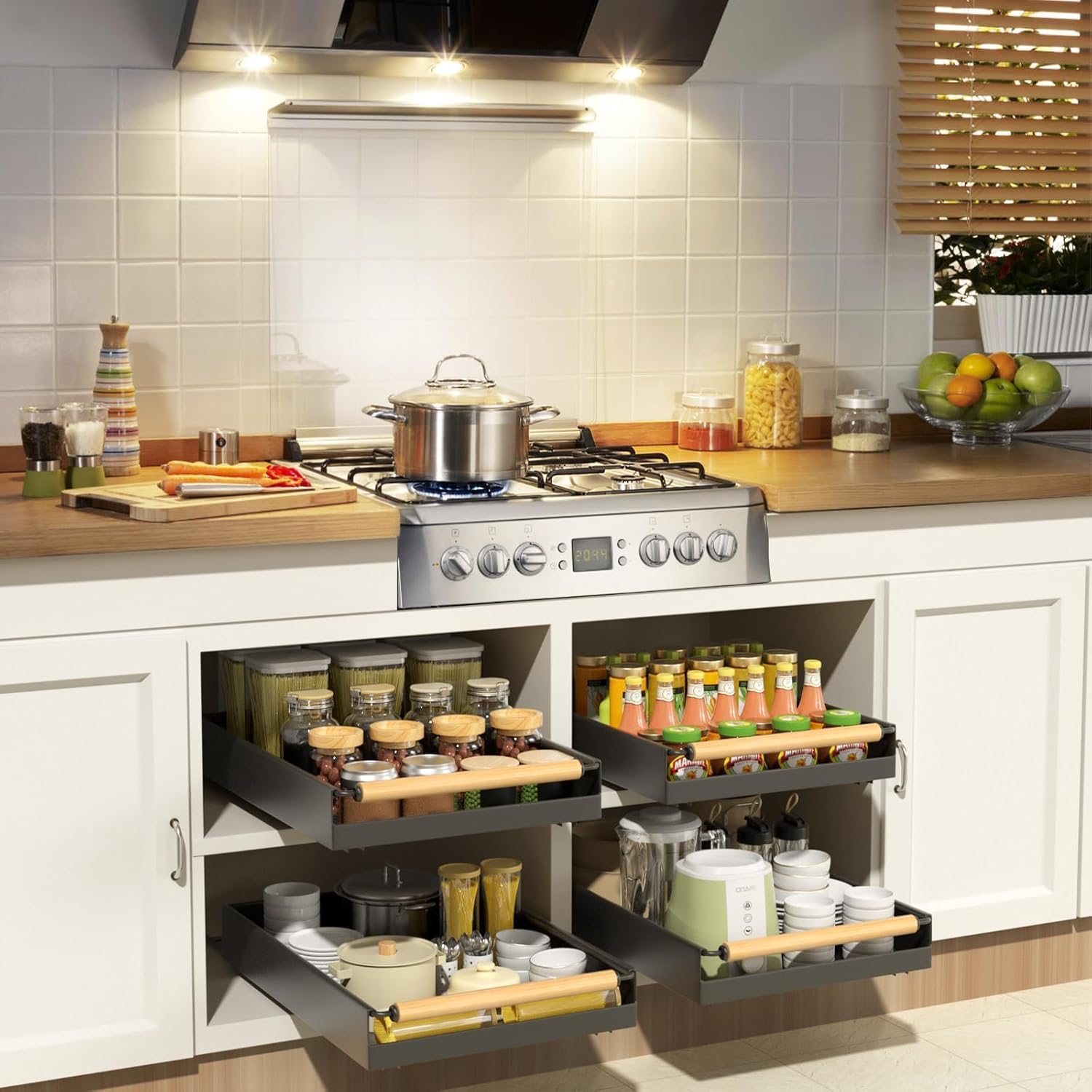 2 Pack Pull out Cabinet Organizer, 16" Deep Pull Out Drawer for Kitchen Cabinets Adhesive with Nano Film, Slide out Cabinet Organizer Shelf for Pantry Bathroom Organization Black