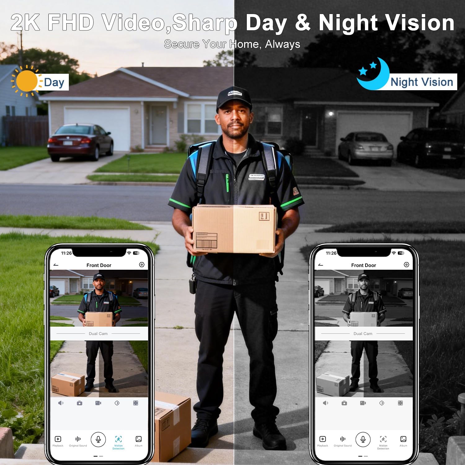 Doorbell Camera Wireless ,2K HD Dual Cameras &Head-to-Toe View ,Battery Powered/Wired Video door bell with Chime,No Subscription,Delivery Guard,Motion Detection,Works with Alexa&Google(Only 2.4G WIFI)