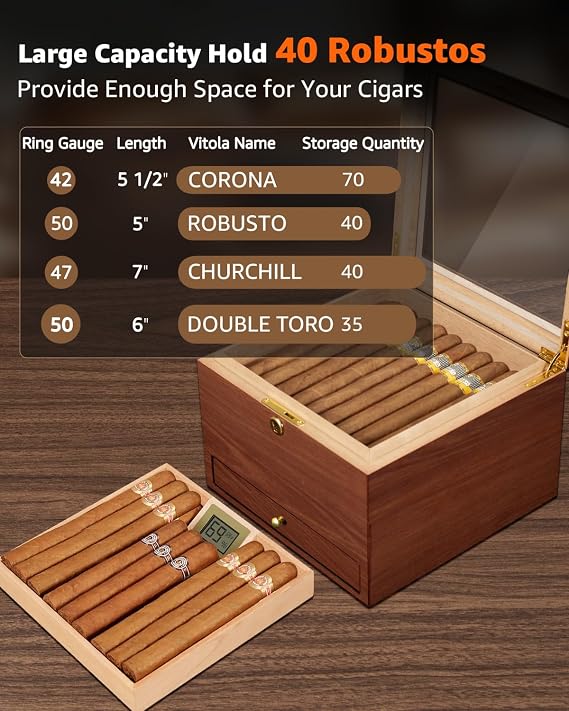 Flauno Cigar Humidor with Lock, Air Circulation System, up to 70 Cigars, Spanish Cedar Wood, Accurate Digital Hygrometer, Drawer, Humidifier, Divider, Handmade Glass Top Cigar Box for Cigar Lovers