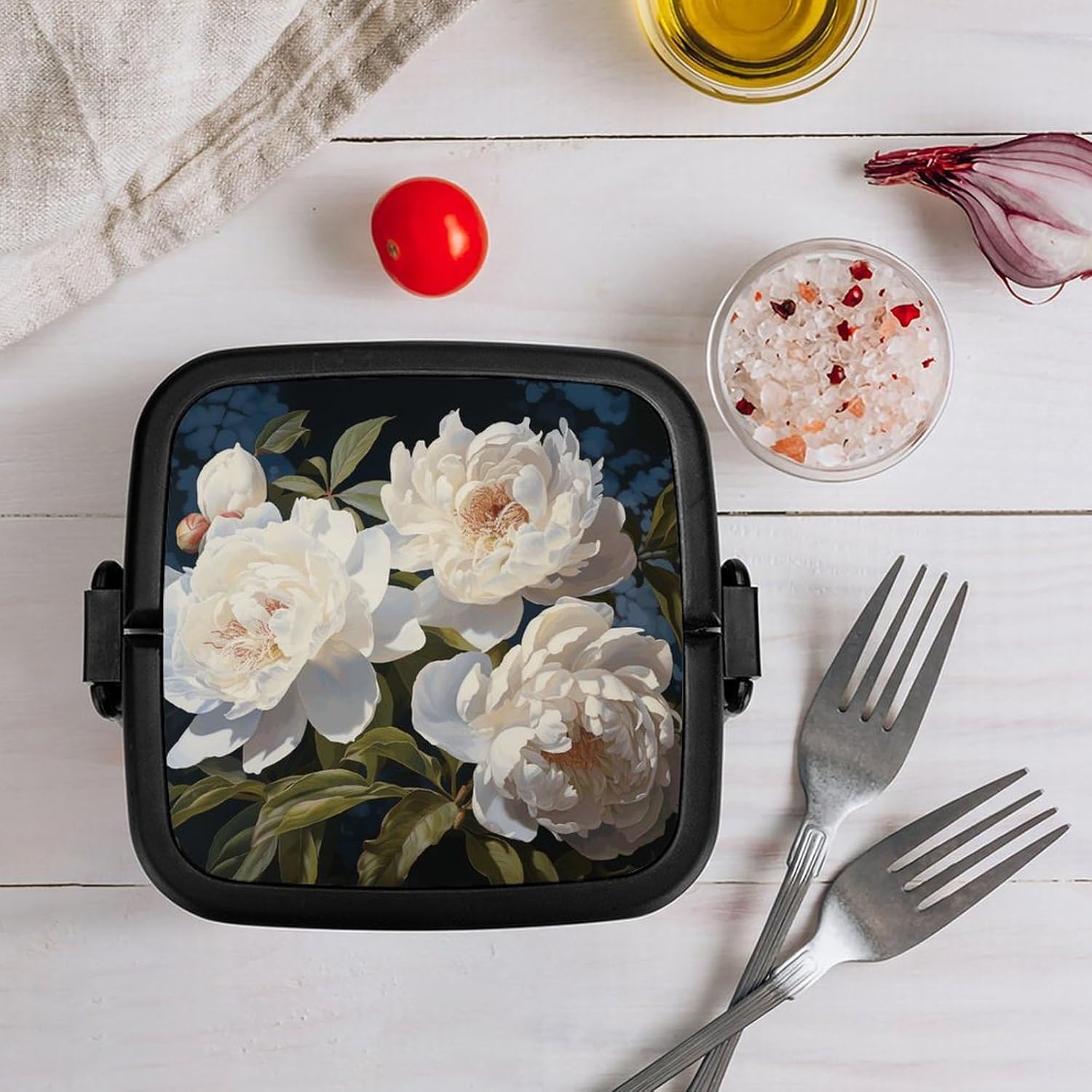 Adults Lunch Box Adult Bento Box Stackable Bento Box BPA-Free White Peony Lunch Box Food Container Ideal for Meal Prep, Work, And On The Go