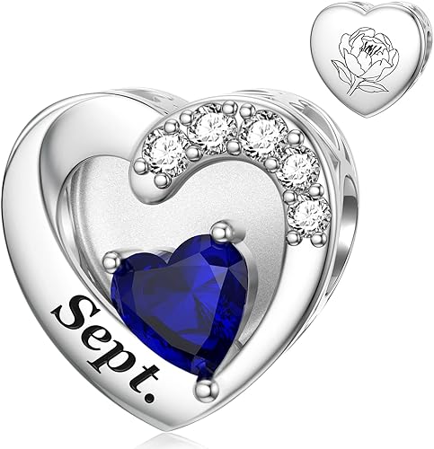 SEVENWELL Dijes de Piedra Natal con Flor del Mes de Nacimiento Grabada que Encajan en Pulseras de Dijes, Cuentas de Dijes de Plata de Ley 925, Feliz