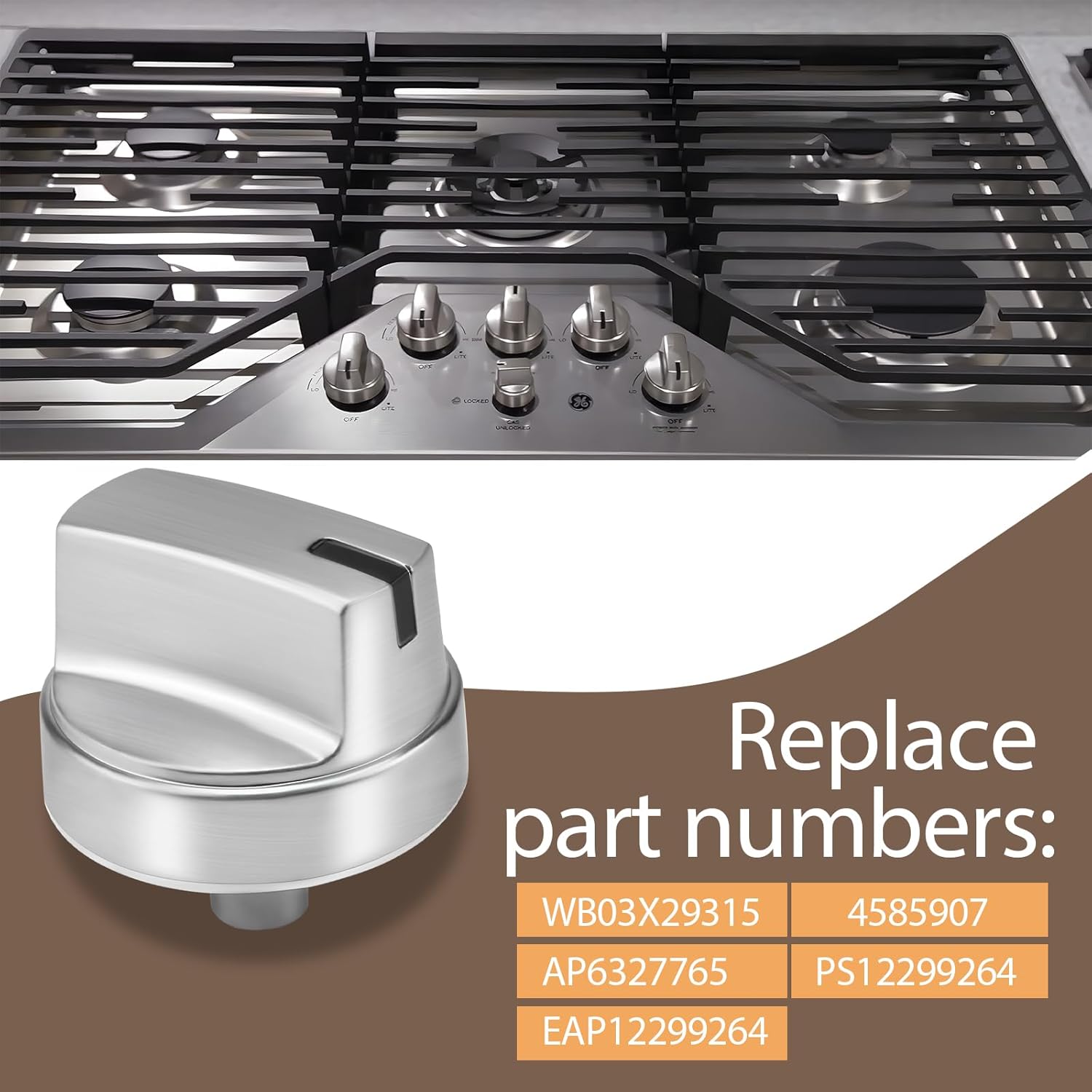 WB03X29315 Gas Stove Control Knobs 4585907 AP6327765 Compatible with GE Stainless Steel Burner Knobs JGP5030SL1SS JGP5036SL1SS (5PCS)