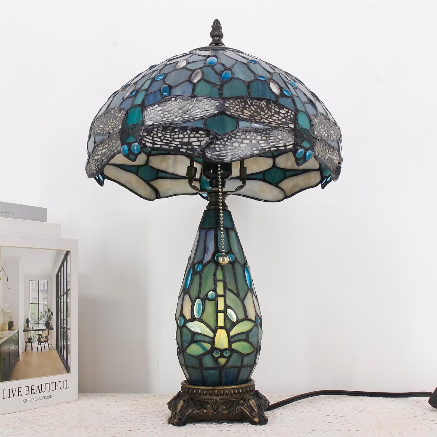 Tiffany Lamp Stained Glass Table Lamp 12X19 Inches Mother Daughter Vase Desk Accent Night Light for Bedroom Bedside Reading Home Antique Style
