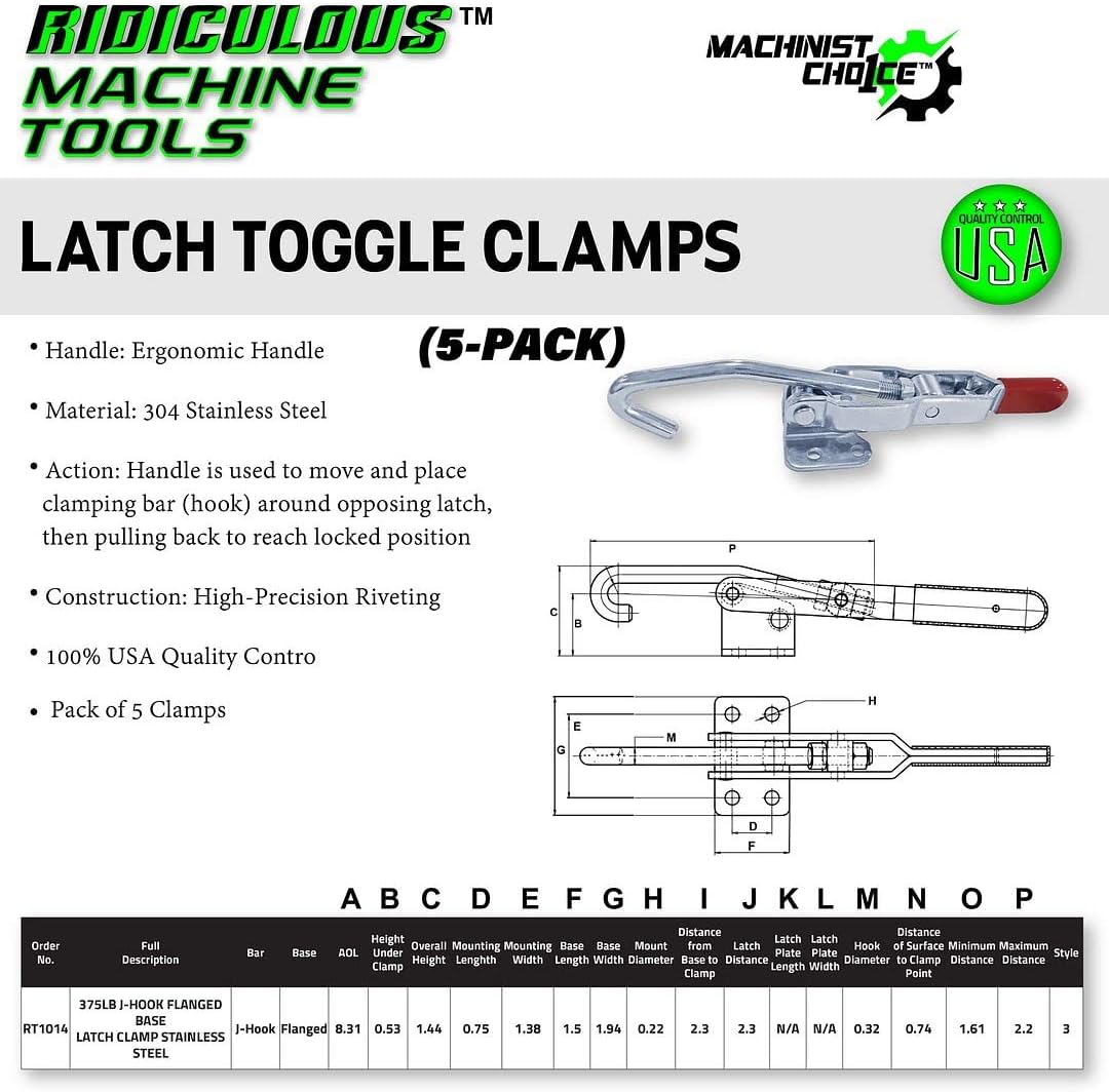 (5 Pack) 375LB J-HOOK FLANGED BASE LATCH CLAMP STAINLESS STEEL