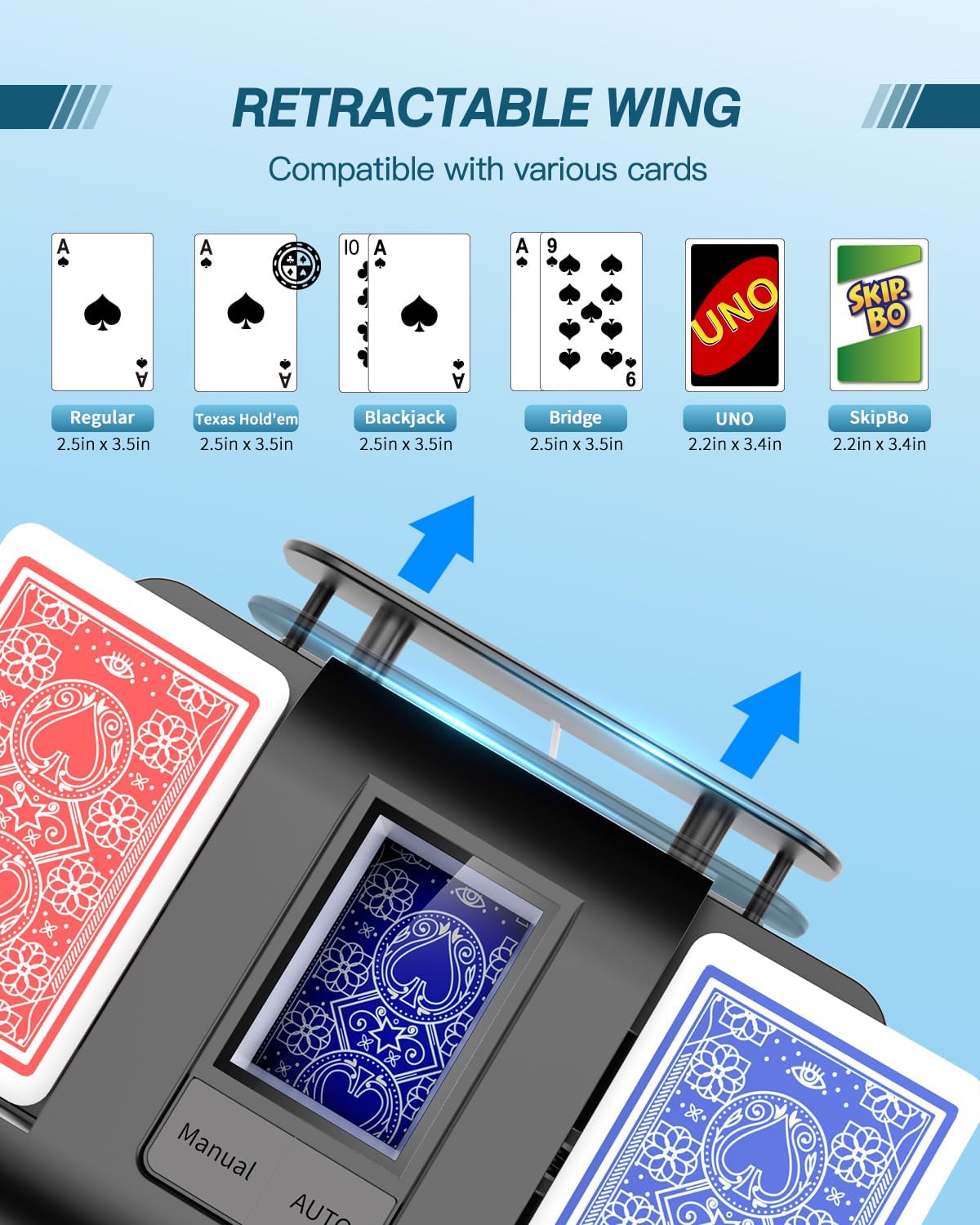 Automatic Card Shuffler, Rechargeable Cards Shuffler Machine with AUTO & Manual Mode, 1-2 Decks Low Noise Electric Shuffling for Poker, UNO, Texas, Blackjack, Skip-Bo, Bridge, Phase 10