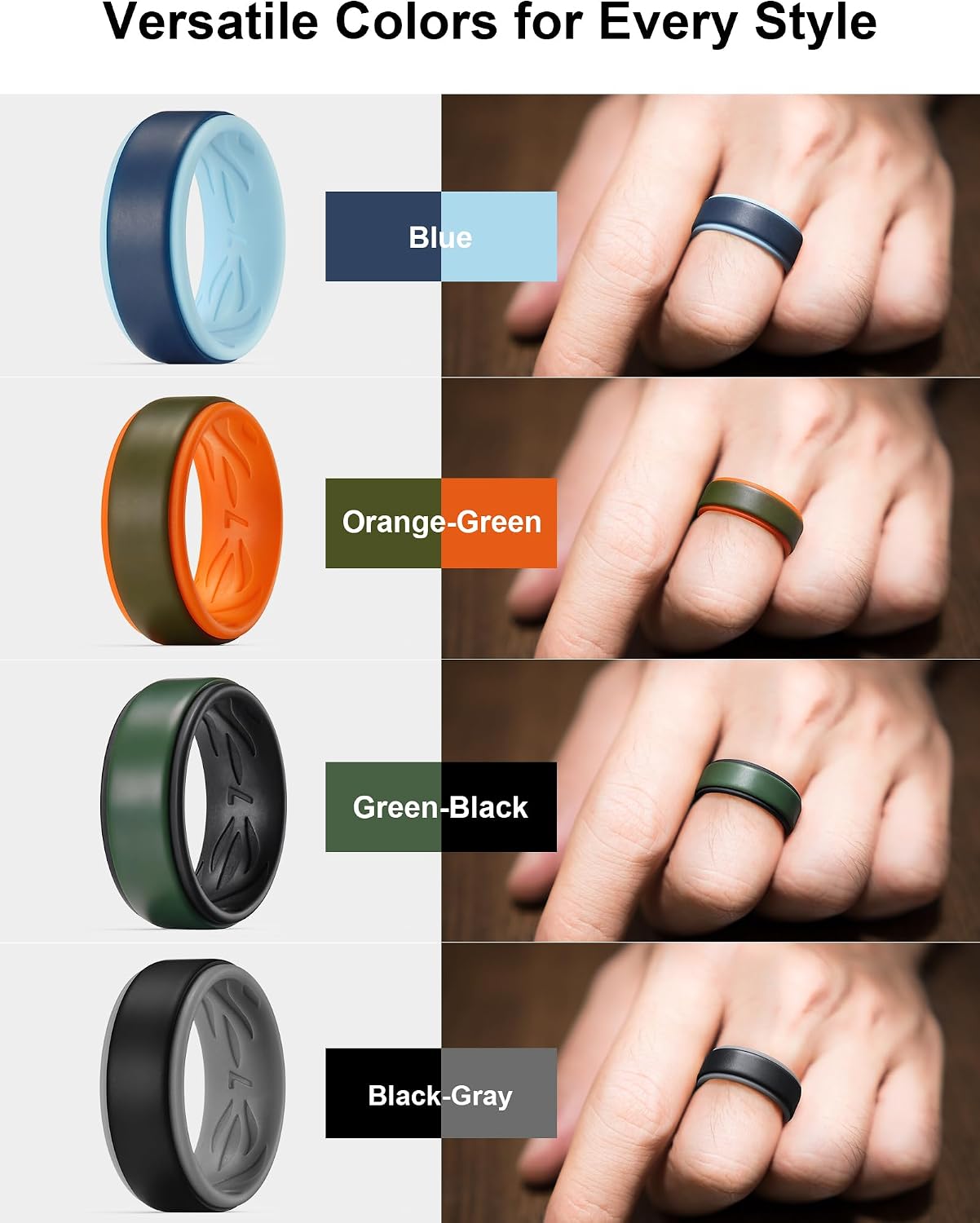 King Will Silicone Wedding Ring for Men Women, 8mm Two-Tone Step Edge Band, Breathable Water Ripple Inner Comfort Fit, Flexible Rubber Ring for Work, Gym, Outdoor, Size 7-13