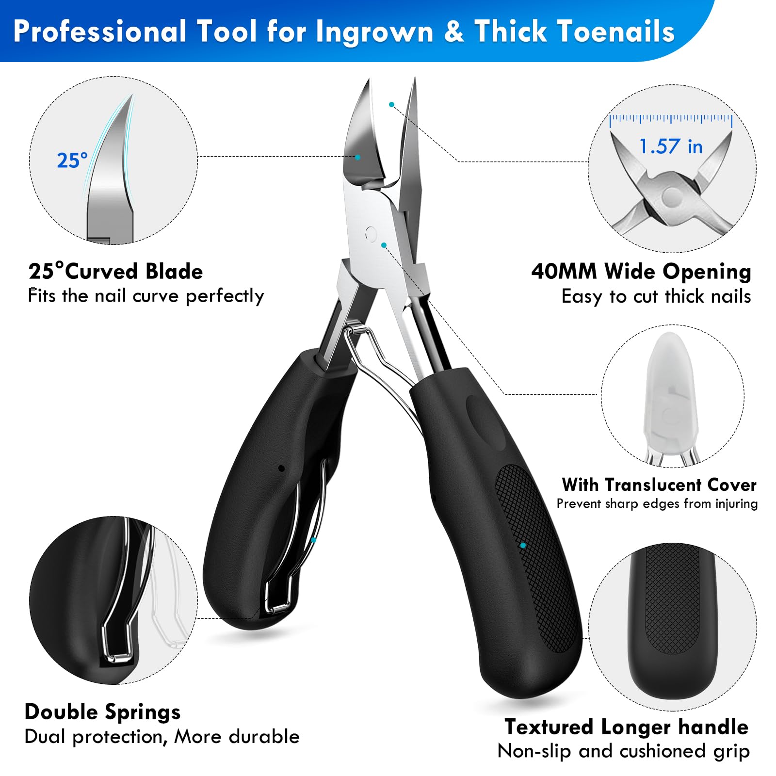 Kit profesional de herramientas de uñas encarnadas para personas mayores, cortaúñas rectas de mandíbula ancha, cortaúñas en ángulo grande para uñas gruesas o uñas resistentes, juego de manicura para