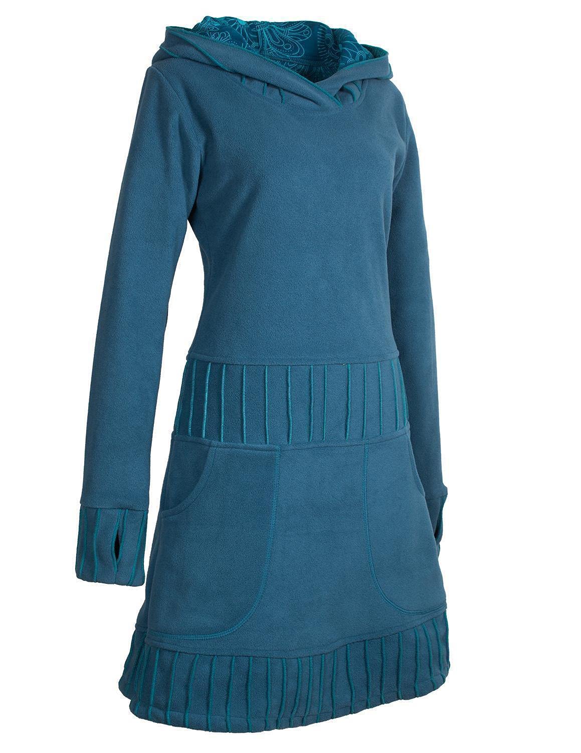 Vishes - Alternative Bekleidung - Langärmliges Patchwork Hoodie Eco Damen Fleecekleid mit Daumenlöchern