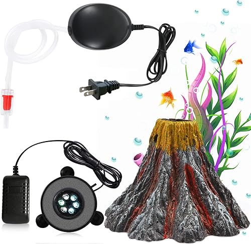 Kit de adornos de volcán de acuario, decoraciones de burbujas de aire para pecera, acuario de piedra de aire con bomba de aire, luz de acuario con 6