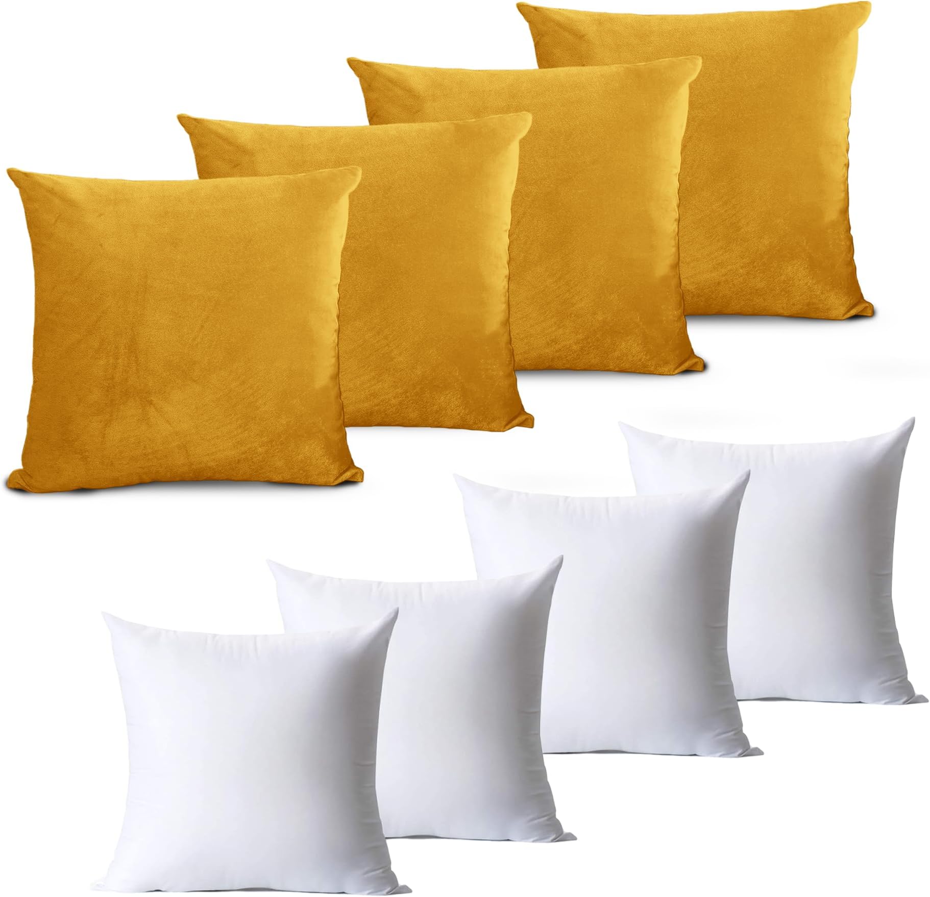 Hafaa Velvet Cushions with Covers Included Set of 8 (4 Ochre Cushion Covers, 4 Cushion Inserts 45cm x 45cm) Luxury Decorative Fluffy Square Throw Pillow Case Sofa Cushion with Invisible Zipper
