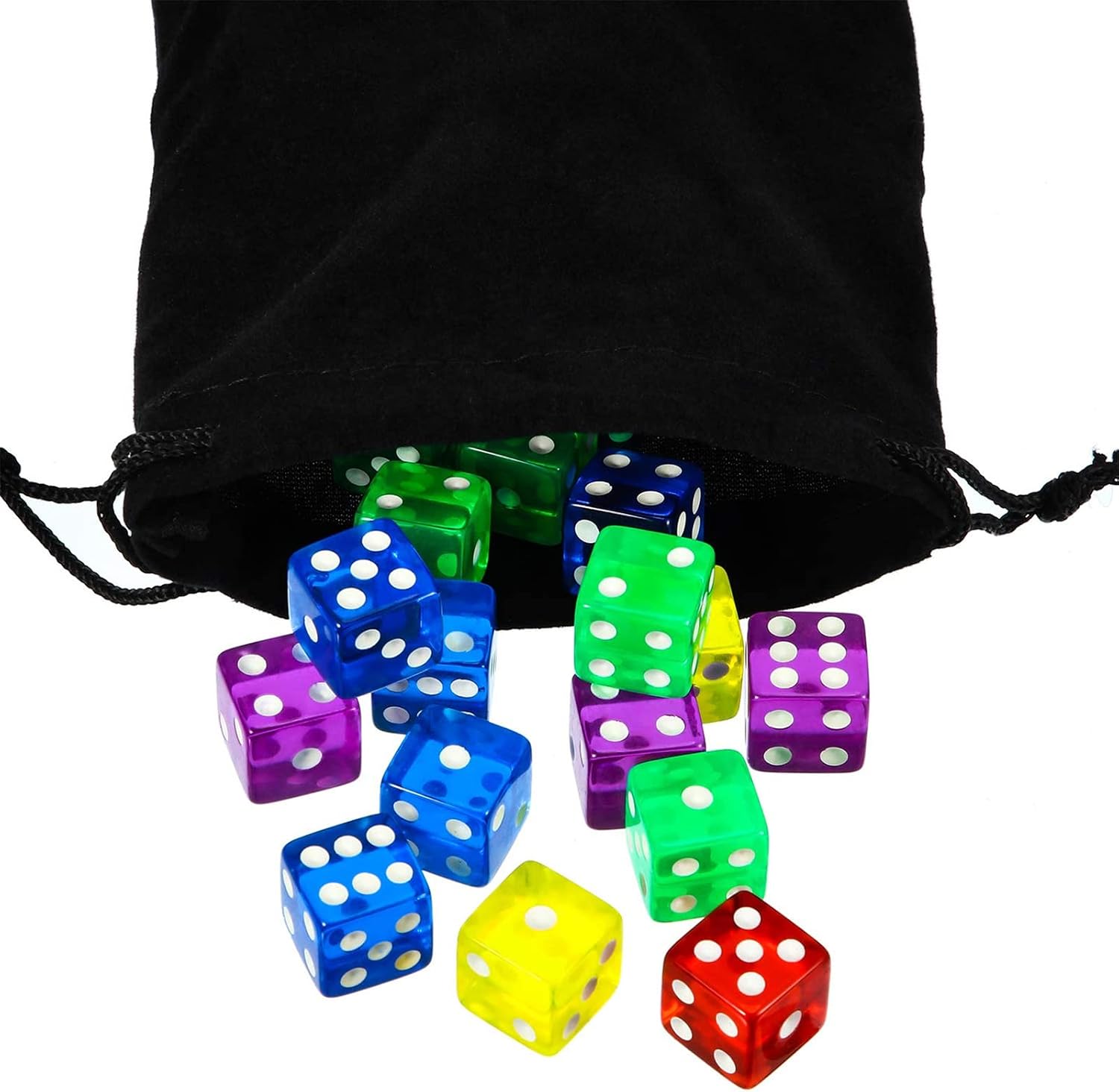 [50 Pieces] 6-Sided Games Dice Set, Colored Dice with Black Velvet Pouches for Playing Games, Like Board Games, Dice Games, Math Games, Party Favors (Black, White, Green, Red, Blue, Square Edge)