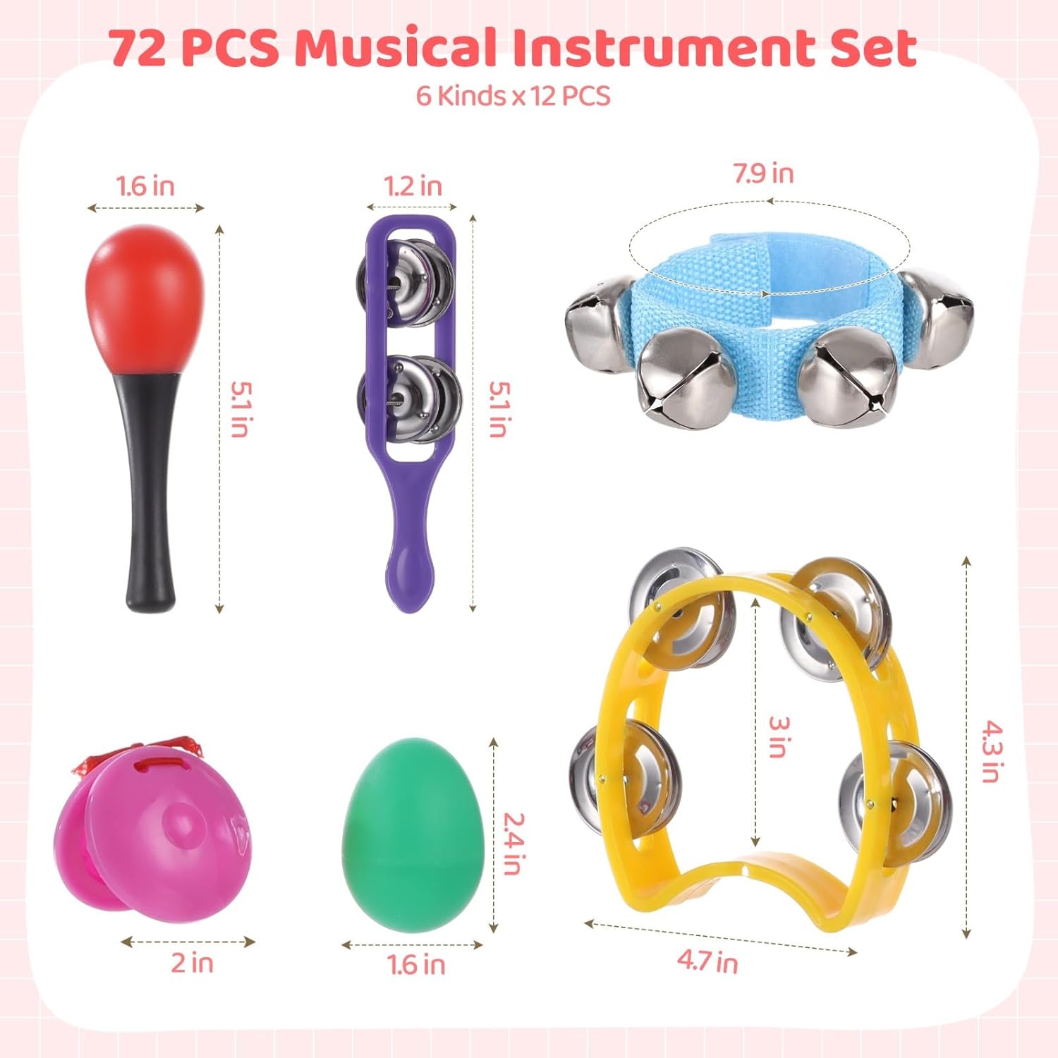 72 Pcs Musical Instrument Percussion Set, Includes Egg Shakers, Wrist Bells, Hand Bands, Maracas, Tambourines, Plastic Castanets, for Rhythm Practice and Music Activities