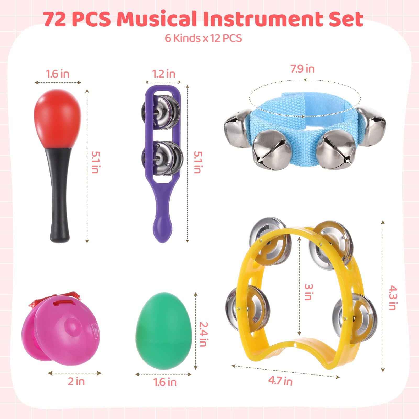 Juego de instrumentos musicales de percusión de 72 piezas, con agitadores de huevos, maracas, panderetas, campanas de muñeca, bandas de mano, castañuelas de plástico, para práctica de ritmo y