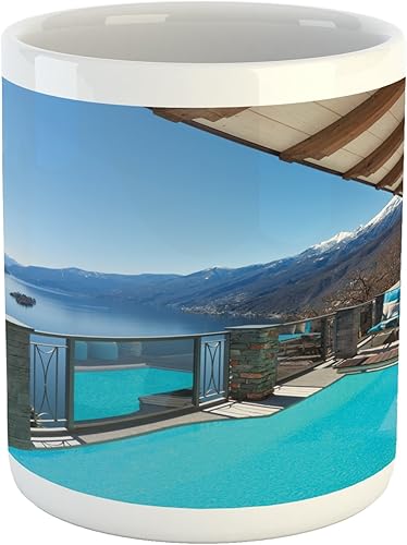 Lunarable Summer Mug, Terrace with Pool and Lake View from the House Balcony Leisure Dream Vacation Destination, Printed Ceramic Coffee Mug Water