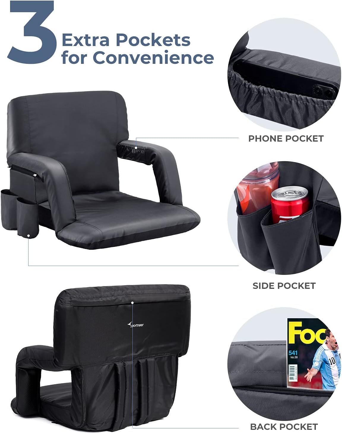 Sportneer Portable Stadium Seat Reclining Chair for Bleachers with Back Supports, Thick Padded Cushion, Pockets and Arm Rests Lightweight Chairs for Sport Events, Beaches, Camping Picnics, 2pack Black : Sports & Outdoors