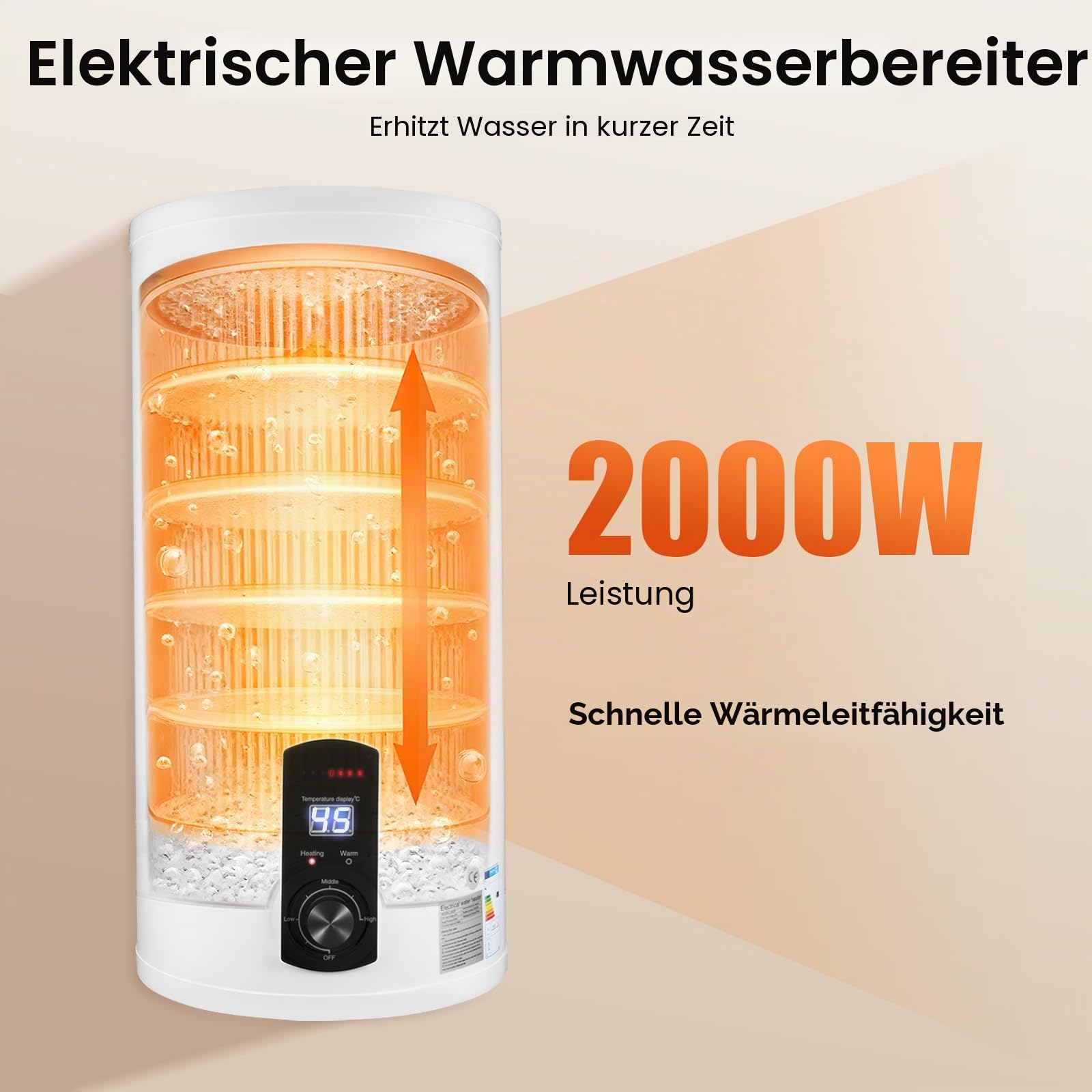 Elektrospeicher Warmwasserspeicher 220V, Wandspeicher Tank-Wassererhitzer, Warmwasserboiler, Temperaturanzeige, 2000W Elektro Boiler Wasserboiler (Weiß, 50L)
