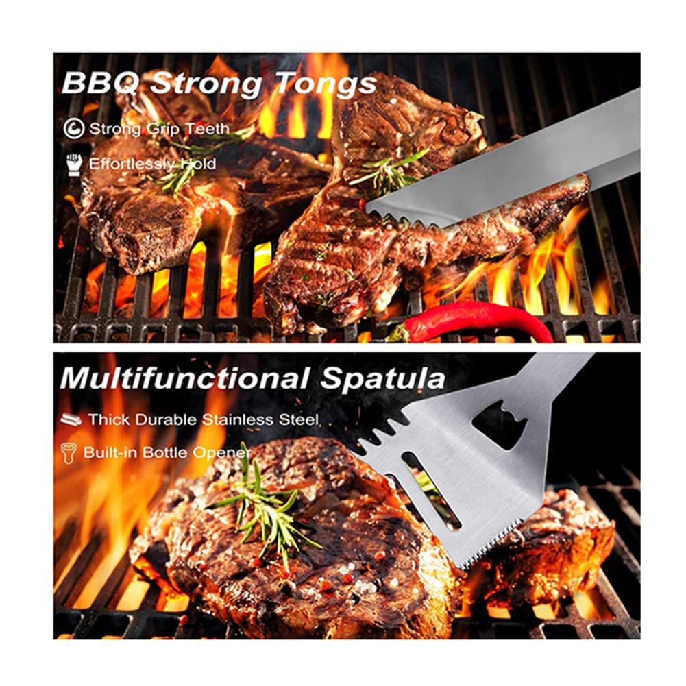 ICOBES Set di attrezzi per barbecue in acciaio inox, 29 pezzi, accessori per barbecue, valigetta in alluminio, per esterni, campeggio, argento