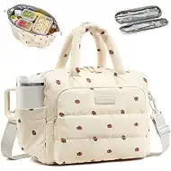 LOVEVOOK Insulated Lunch Bag Women,Puffer Lunch Cooler Box with Utensil Bag | Expandable Waterproof Leakproof Lunch Bag with Cup Holder, Wide Opening Reusable Lunch Tote for Work Picnic Meal Prep Beach