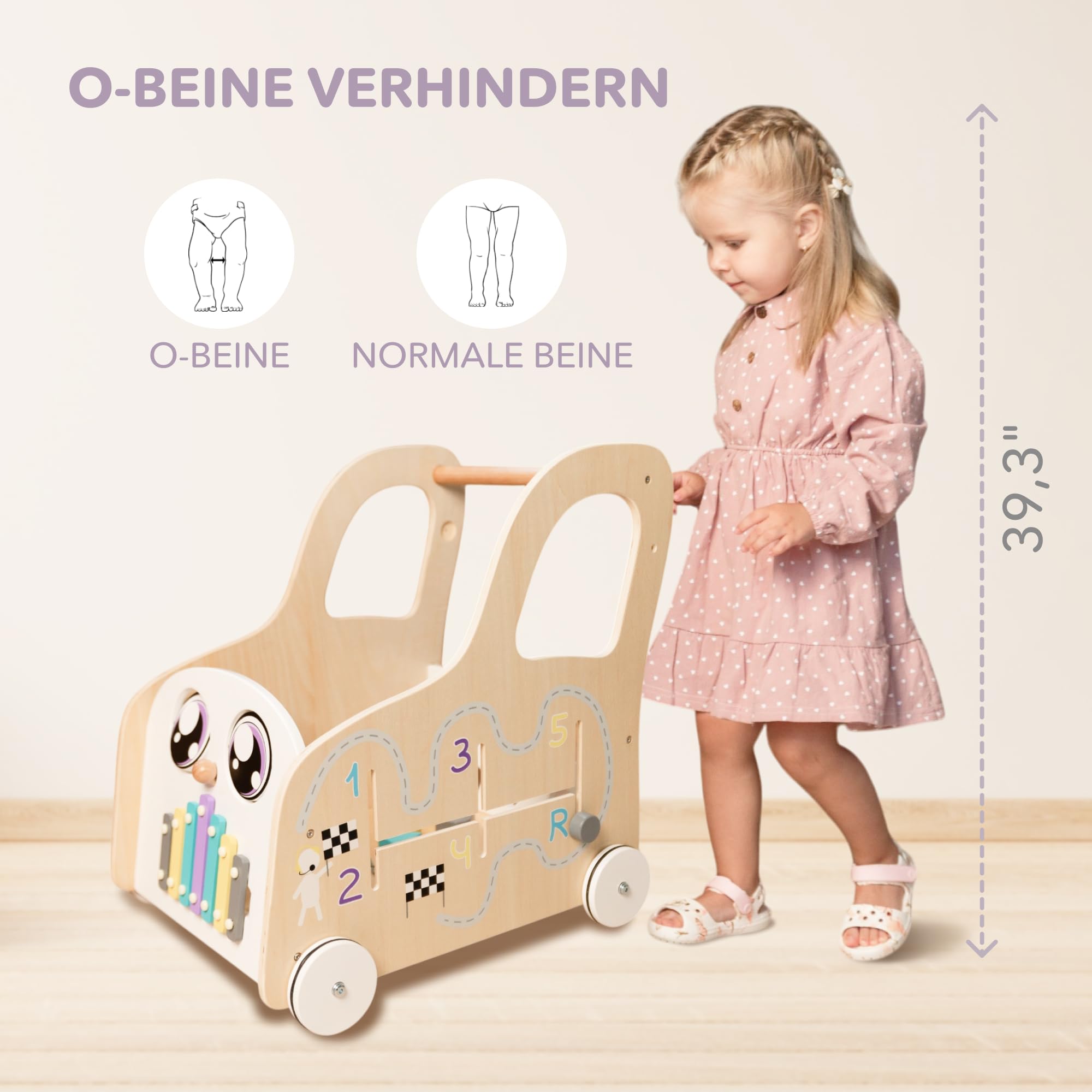 Cateam Lauflernwagen Baby mit rädern - Holzspielzeug mit Lauflernhilfe, Motorikwürfel und Gehfrei - Montessori Spielzeug Busy Board - Push & Pull Lauflernspielzeug mit Aufbewahrung Körb, Babyschieber