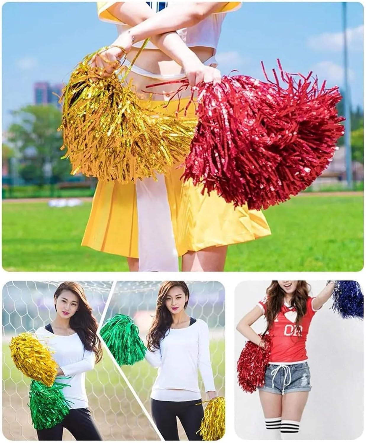 Cheerleading Pom Poms 48-Pack Yellow Metallic Cheerleading Pom Poms with Plastic Handles, for Adults Kids Party