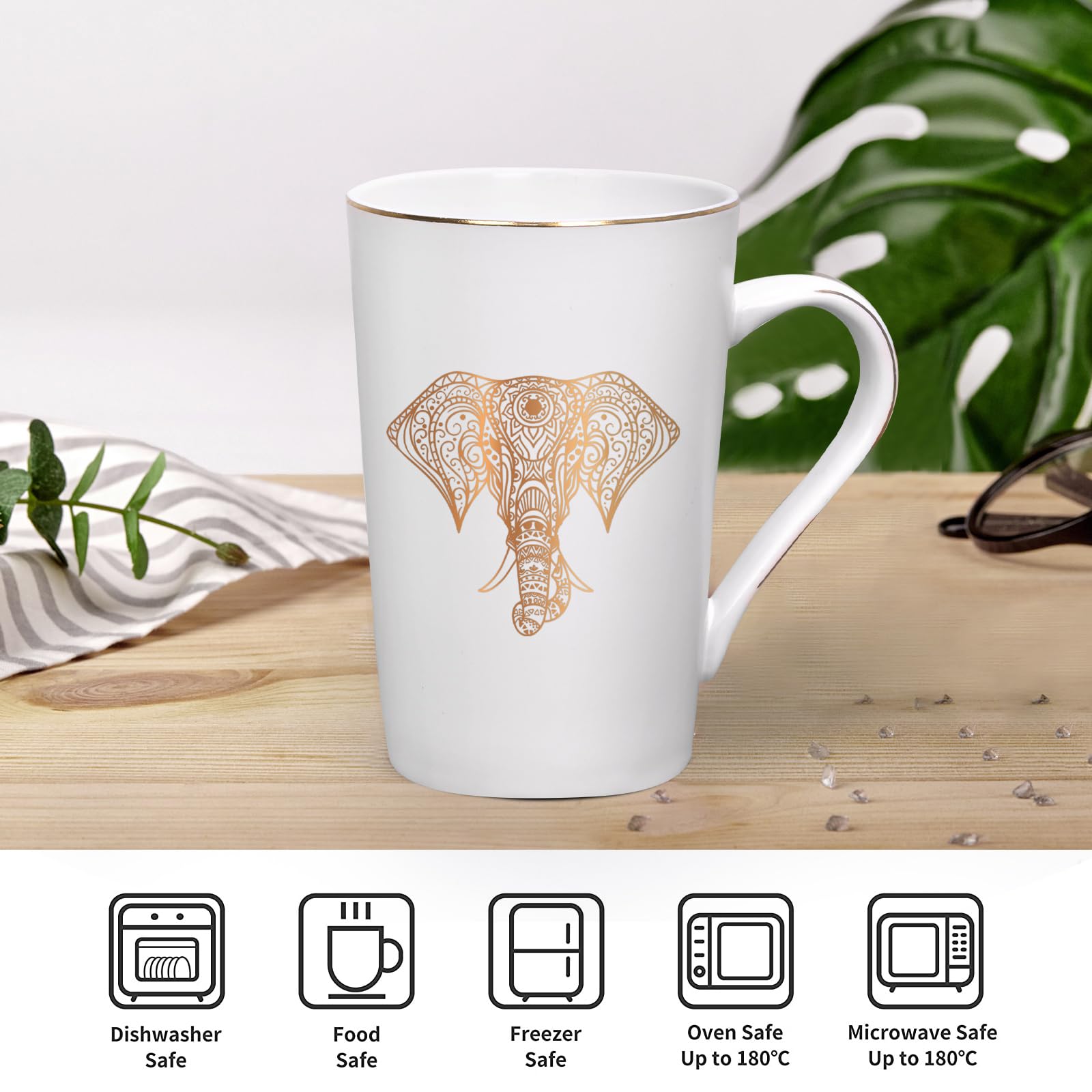 Elefant Mandala Kaffeetasse – Lustiges Geschenk Für Frauen, 400 Ml, Schwarz Mit Gold-Löffel & Deckel