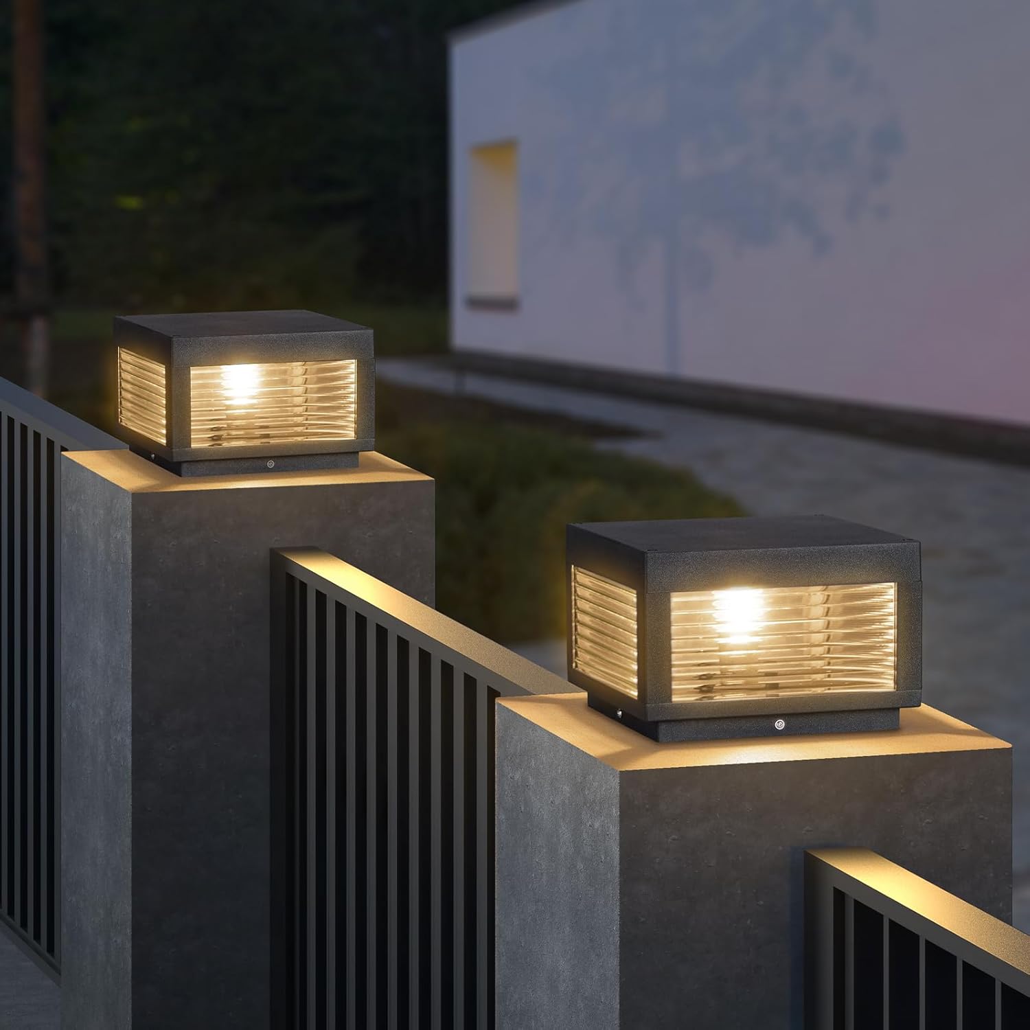 Outdoor Post Lights, 9.84" Column Pillar Light Hard Wired, Modern Fence Posts Lamp Waterproof 3000K Warm LED Lighting Lantern with E26 Bulb for Patio Driveway Garden Decoration