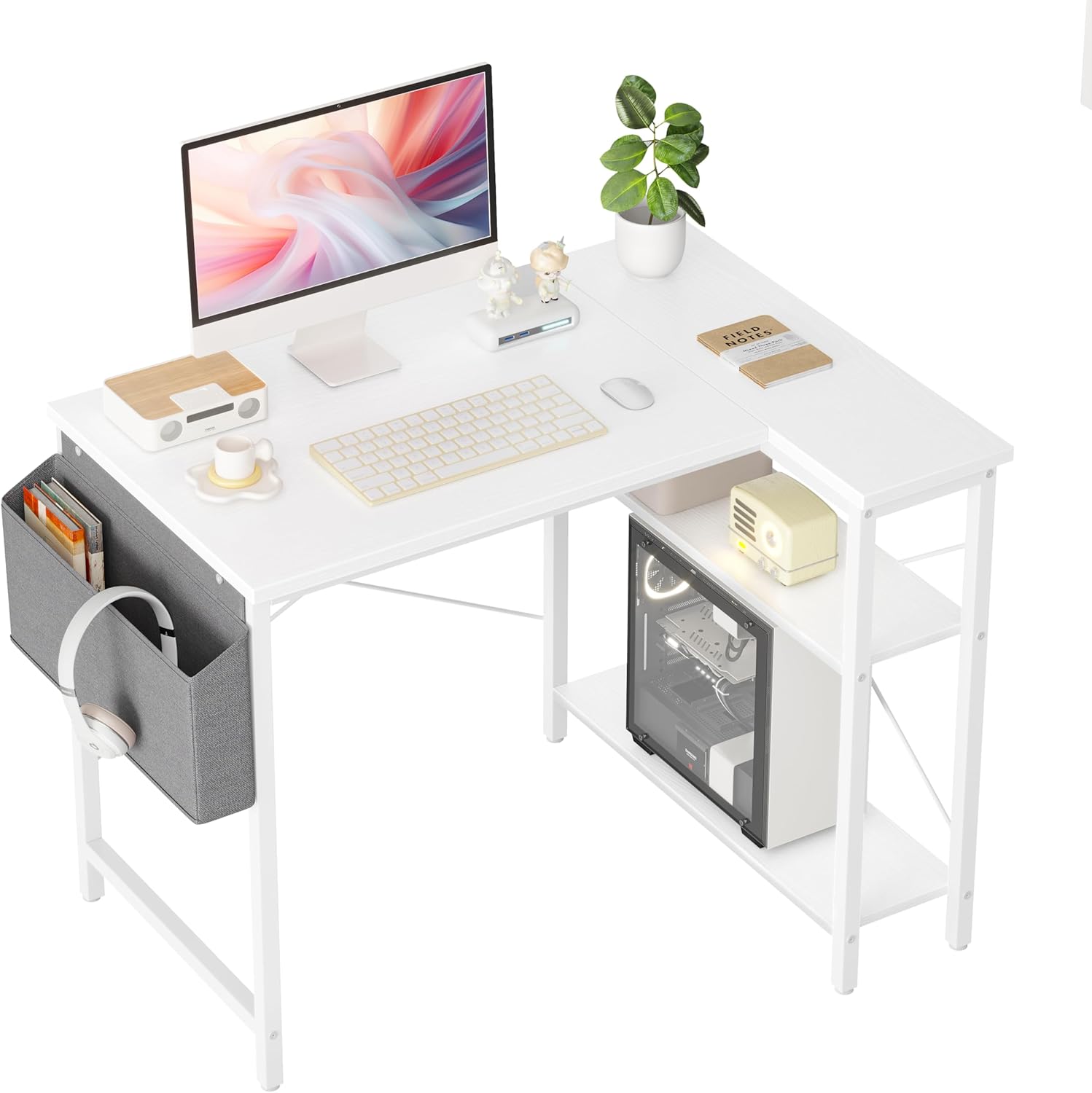 BEXEVUE L Shaped Corner Desk – 100×70 cm Study Office Gaming Desk, Computer Desk Small Writing Table, Large Reversible Storage Shelves, Bookshelf Workstation for Study Play Work Home Office, White