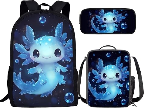 Blue Axolotl Backpack with Lunch Box Kids Girls 6-8/8-10 Elementary School Bookbags for 1st Grade Ocean Back Pack 3 in 1 Primary Student Book Bag Lunchbox Pencil Case Preschool Schoolbag