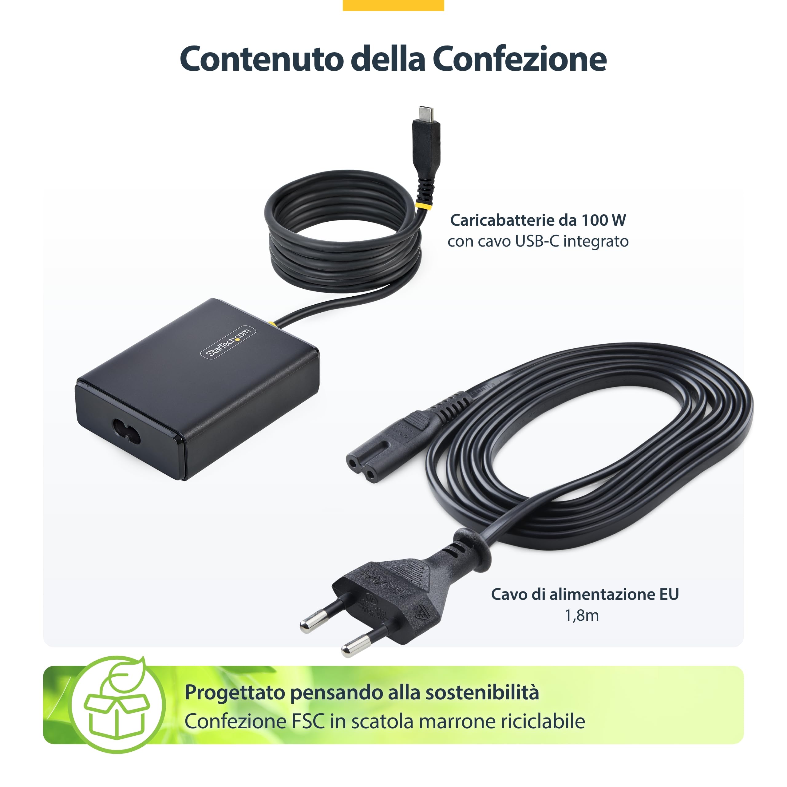 StarTech Caricatore USB-C 100W per Laptop, Cavo Integrato 1,5m, Dell XPS | Alimentatore da Viaggio con Ricarica Rapida per Notebook USB-C