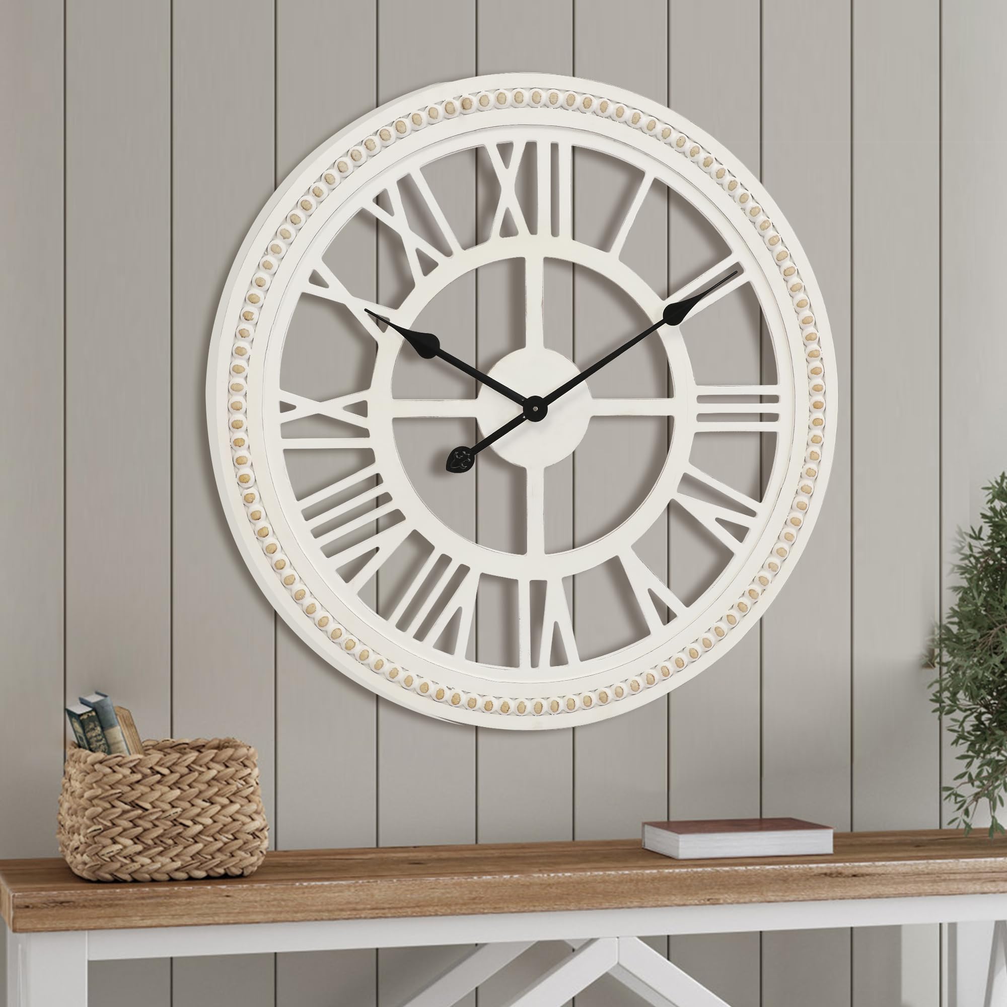 24 Inch Large Farmhouse Wall Clock, Rustic Wall Clock Decor, Wooden, Non-Ticking, Easy to Hang for Living Room, Bedroom, Kitchen