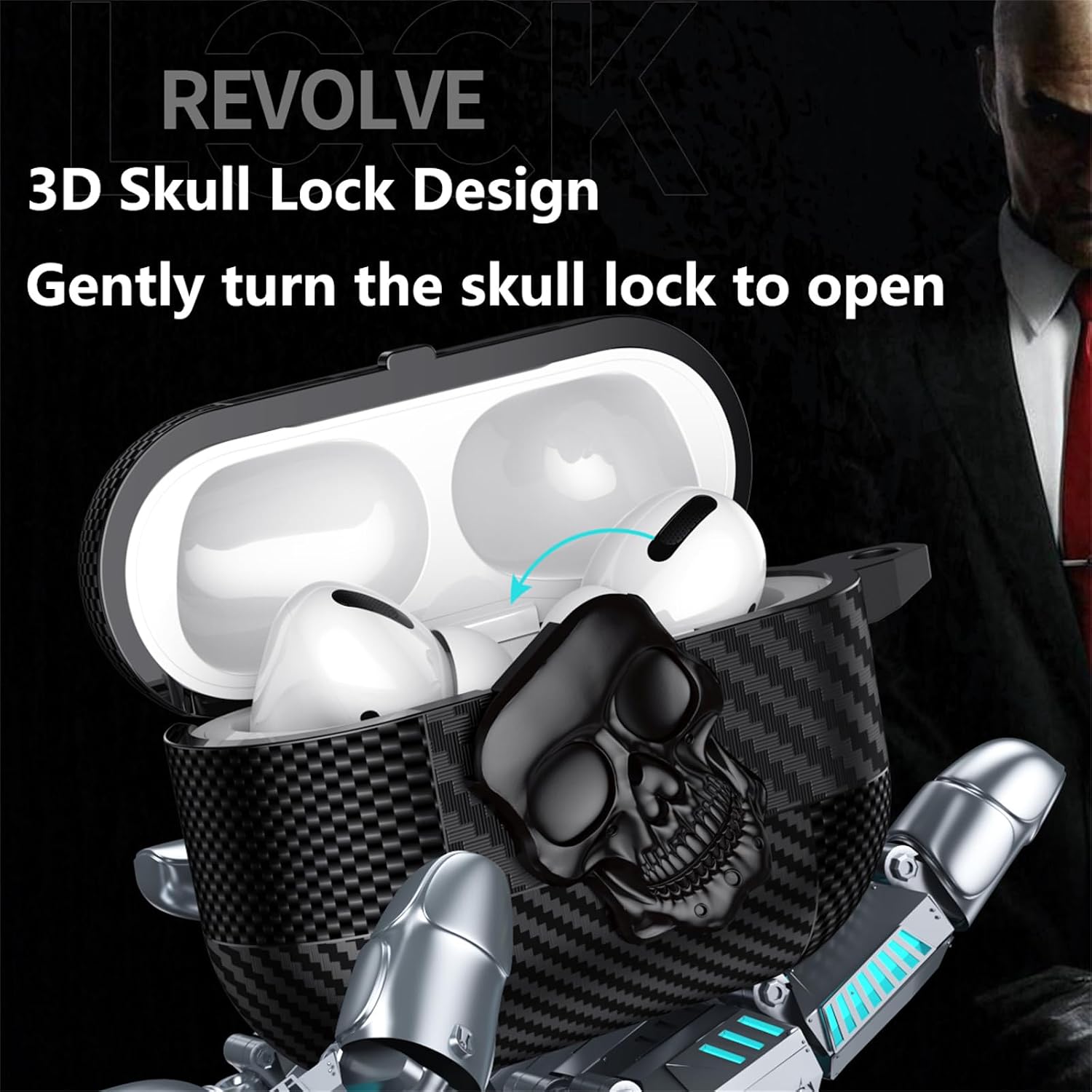 CCSmall for AirPods 4th Generation Case Carabiner Keychain Skull Black