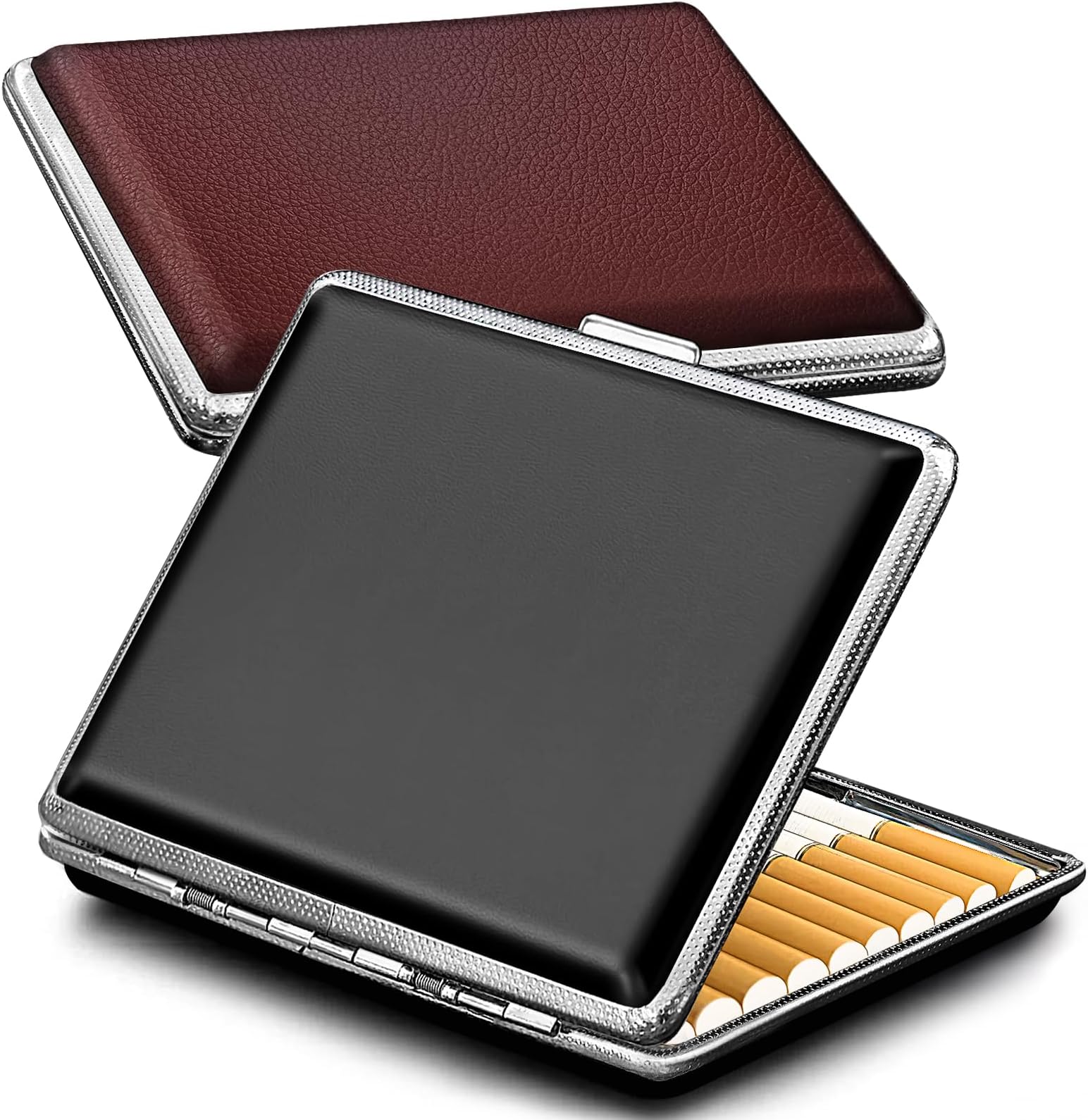 roygra Cigarette Case (2 Pack), Spring Switch 20 Capacity Cigarette Holder Case for Men Women, Cigarettes Smoking Accessories for Smoke, Metal & Leather Box for Regular, King Size and 100mm 100's