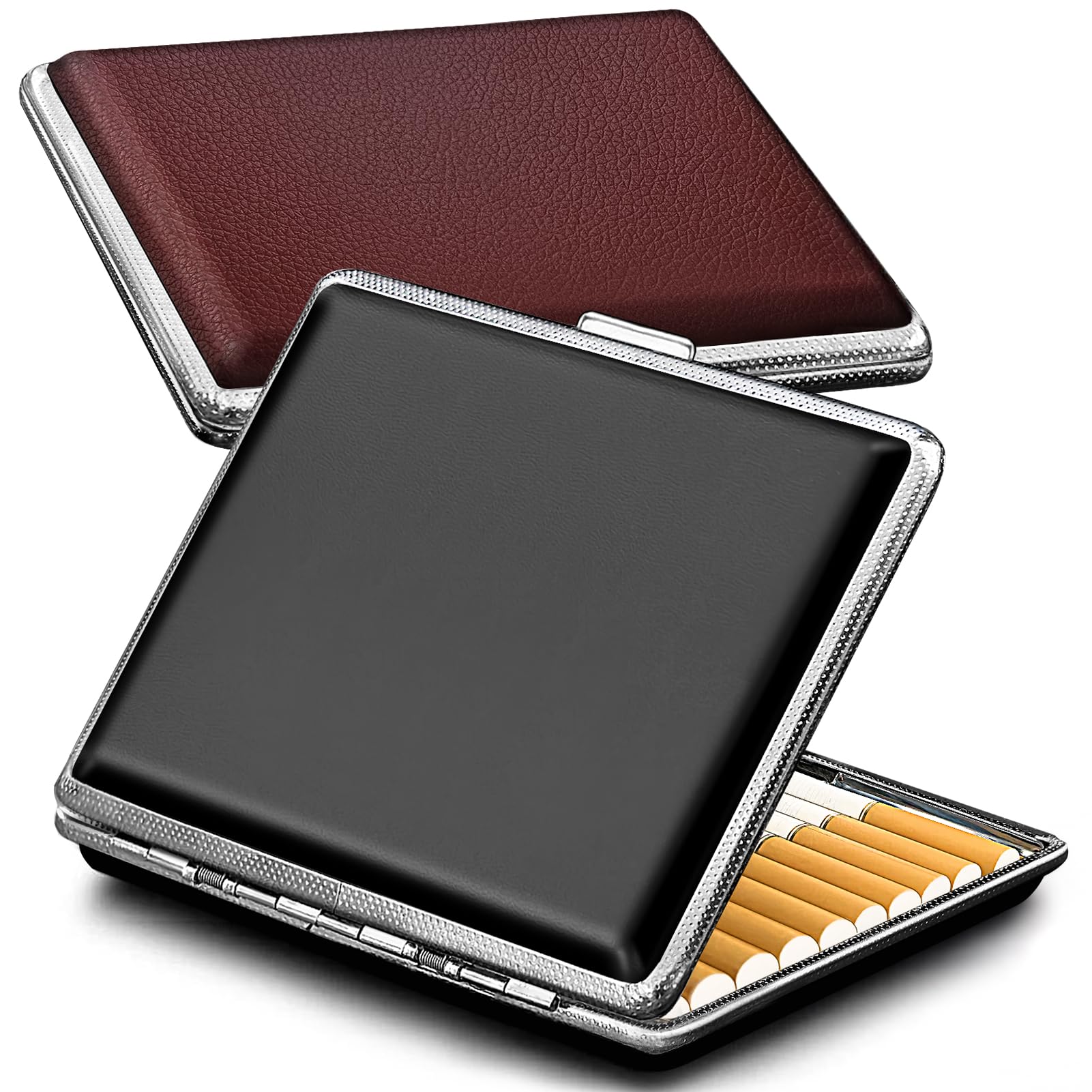 roygraCigarette Case (2 Pack), Spring Switch 20 Capacity Cigarette Holder Case for Men Women, Cigarettes Smoking Accessories for Smoke, Metal & Leather Box for Regular, King Size and 100mm 100's