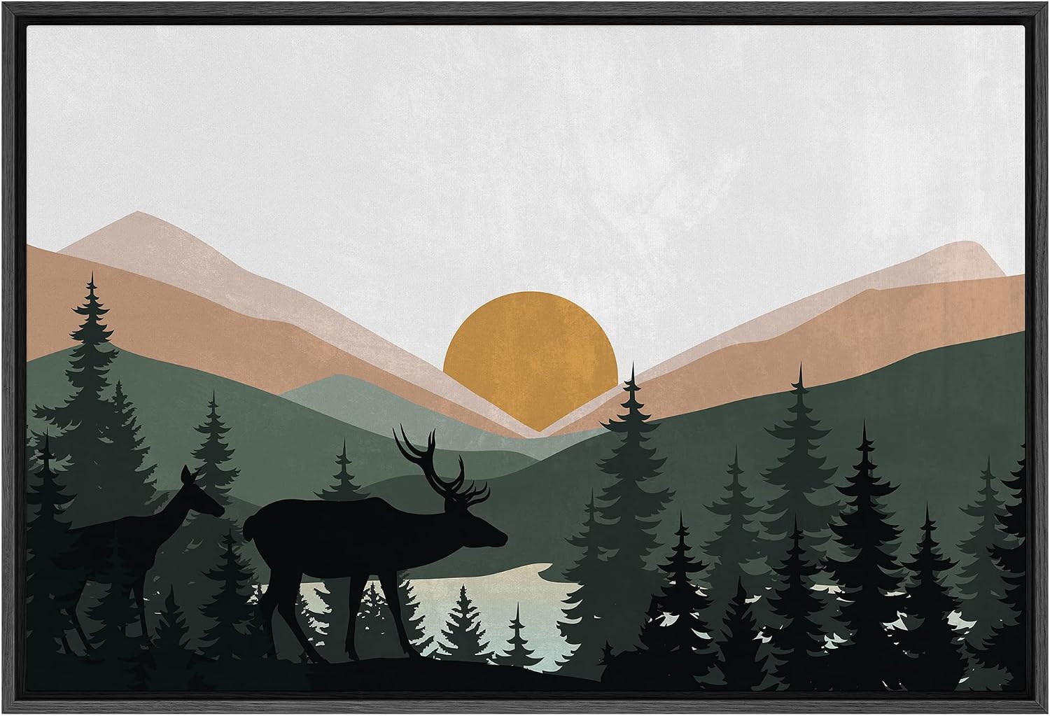 SIGNFORD Framed Canvas Print Wall Art Woodland Nursery Decor Sunlight Mountain Pine Forest Lake Nature Wilderness Modern Art Decorative Boho Relax/Zen for Living Room, Bedroom, Office - 24"x36" Black