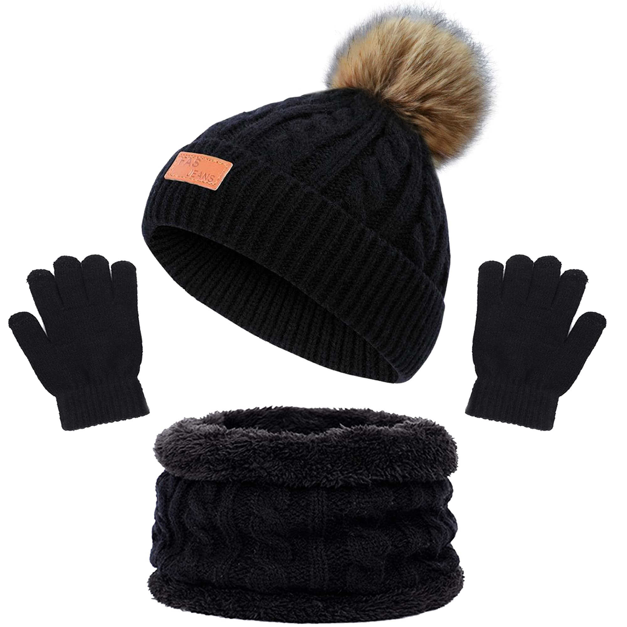 beifon Kids Winter Warm Beanie Hat Scarf Gloves Set Thermal Knit Crochet Thick Fluffy Toddler Cap Pom Pom Bobble Hat with Faux Fur for Girls Boys Children Aged 3-8