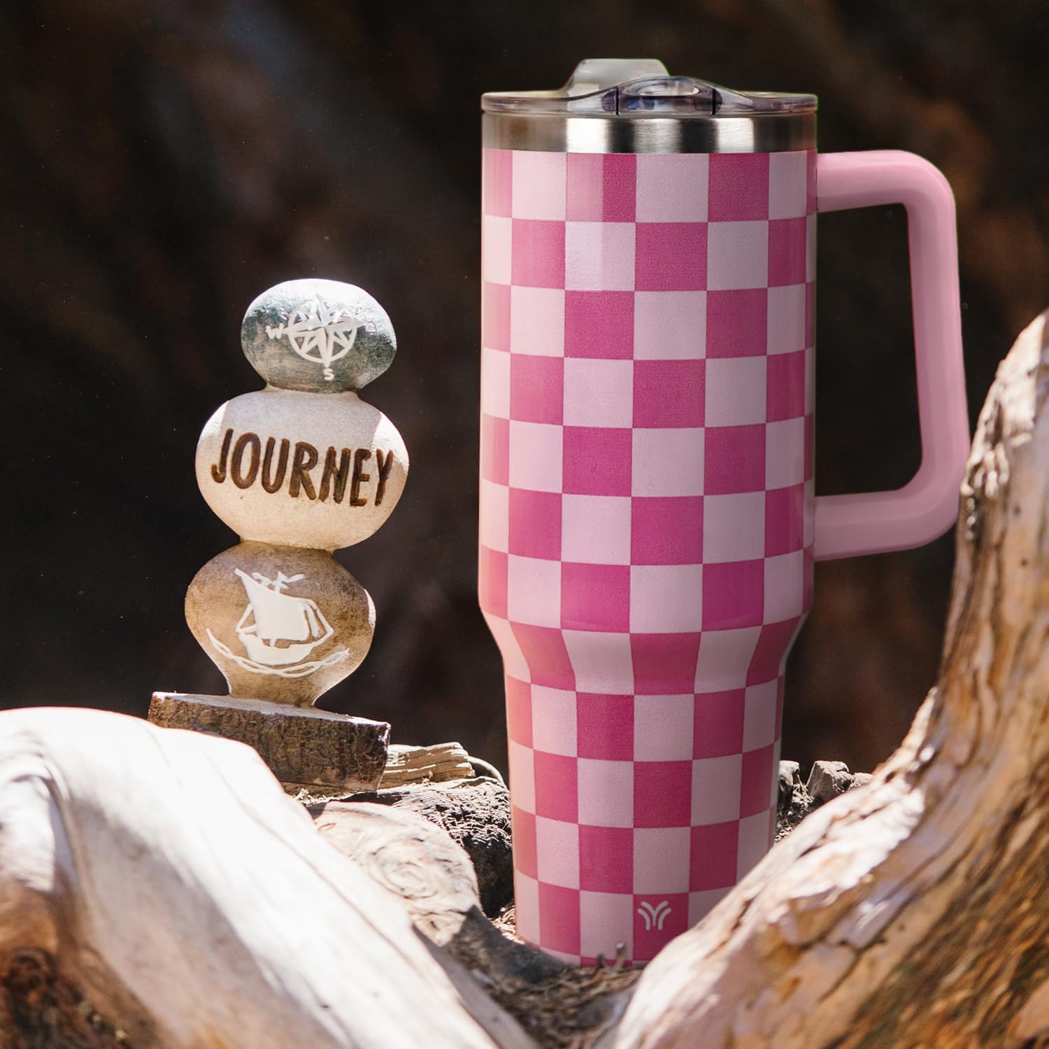 40 oz Tumbler with Handle and Straw Lid | Vacuum Insulated Leak Proof Tumbler | Stainless Steel Water Bottle Cup Gifts for Moms Dads Women Men Him Her | Pink Checkered - Image 6