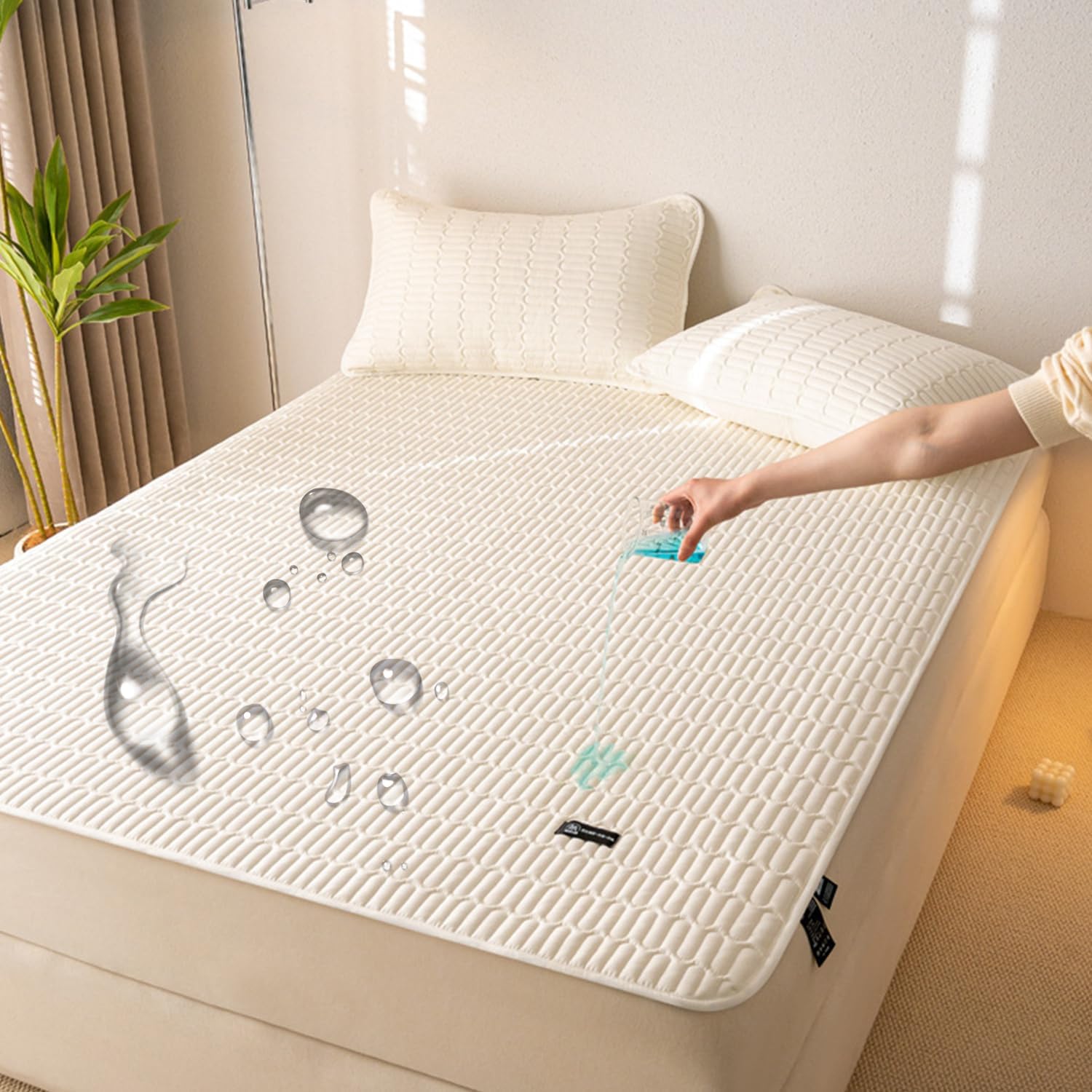 ,B/Beige,150 * 200cm/QUEEN, Waterproof Mattress Pad Cover with Corner Strap Quilted Mattress Protector | tpu waterproof membrane,Raw cotton fabric,With elastic band,quilting process,Soy fiber filling,washable