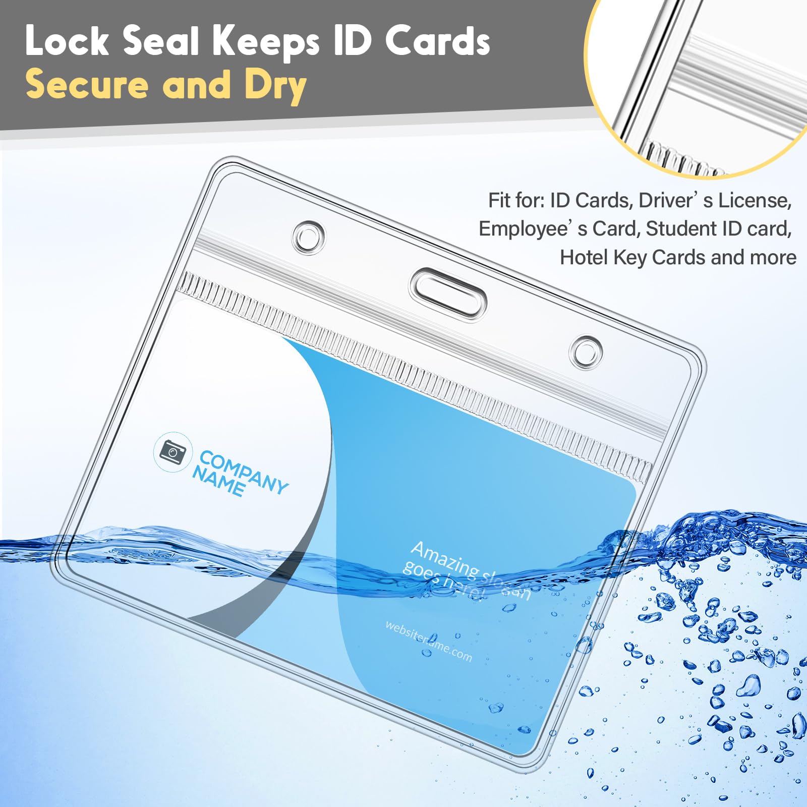 PCKPGON 100 Pack Horizontal ID Badge Holders - Clear Plastic Sleeves With Zipper, Waterproof, Fits Credit Cards