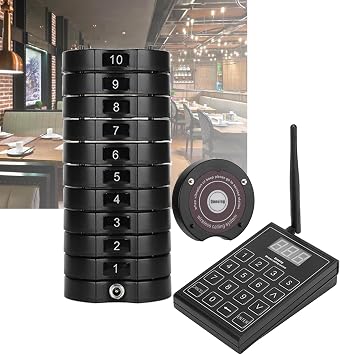 Restaurant Buzzer System, 1 Keypad Transmitter + 10 Coaster Pagers, Wireless Calling System/1km Connection Distance, 999 Call Buttons, Suitable for Restaurants, Churches,1drag10
