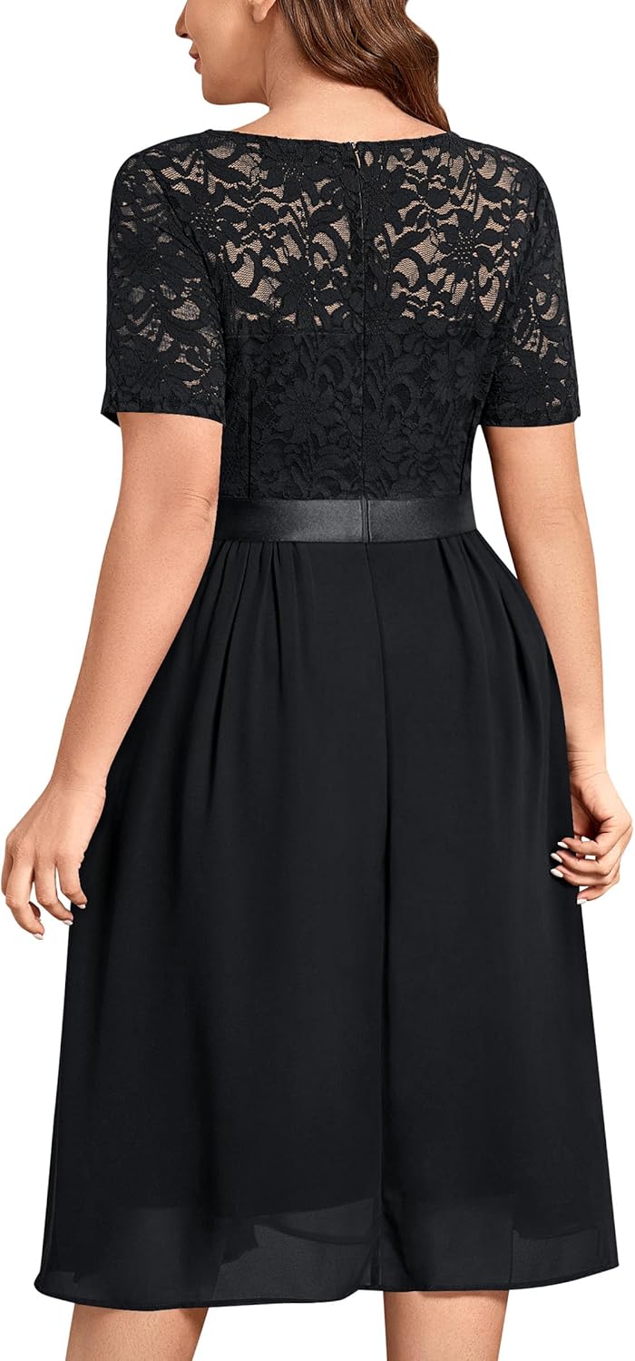 MISSMAY Women's Plus Size Lace Contrast Chiffon V Neck Flowy Cocktail Wedding Guest Midi Dress - Image 2