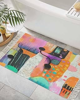 Colorful Geometric Bathroom Rugs 2'x3', Farmhouse Kitchen Runner Rugs with Tassels, Oil Painted Artwork Modern Washable Front Door Mat, Small Throw Rugs for Entryway/Bedroom/Sink