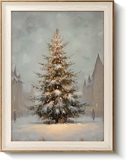 VIYYIEA Winter Framed Wall Art for Living Room, Downtown Christmas Tree Canvas Prints, Oil Painting Home Decor, Christmas Picture, Bathroom Wall Decor Gifts for Friends or Family - 16L x 12W