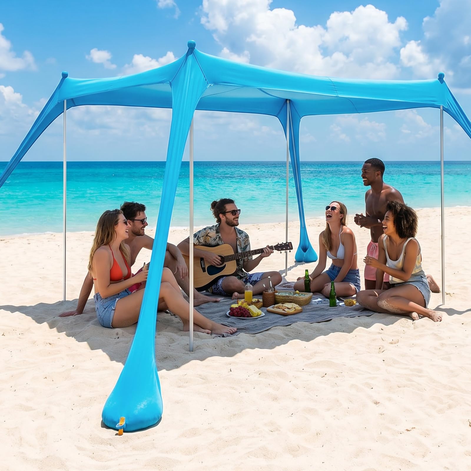 MAXVINI UPF50+ Strandzelt 3m x 3m, Schatten Zelt mit Sandschaufel & Erdnägeln und 4 Stützstäbe, Sonnenzelt Strand Sonnensegel Zelt für Strand, Camping, Angeln, Picknick, Hinterhofspaß, Outdoor